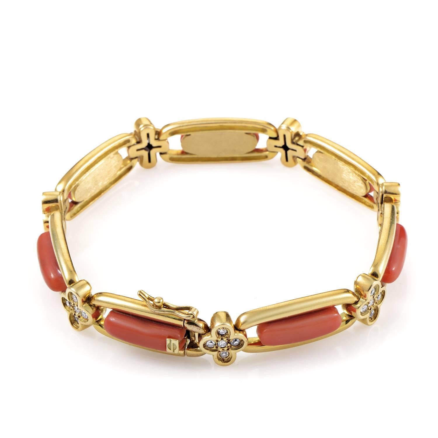 Marvelously countering the luxurious radiance of 18K yellow gold with its soft and charming nuance, the coral stones add a lovely aesthetic touch to this gorgeous necklace, while diamonds bring a sparkle of delicate glamour.
Bracelet Length: 7.50