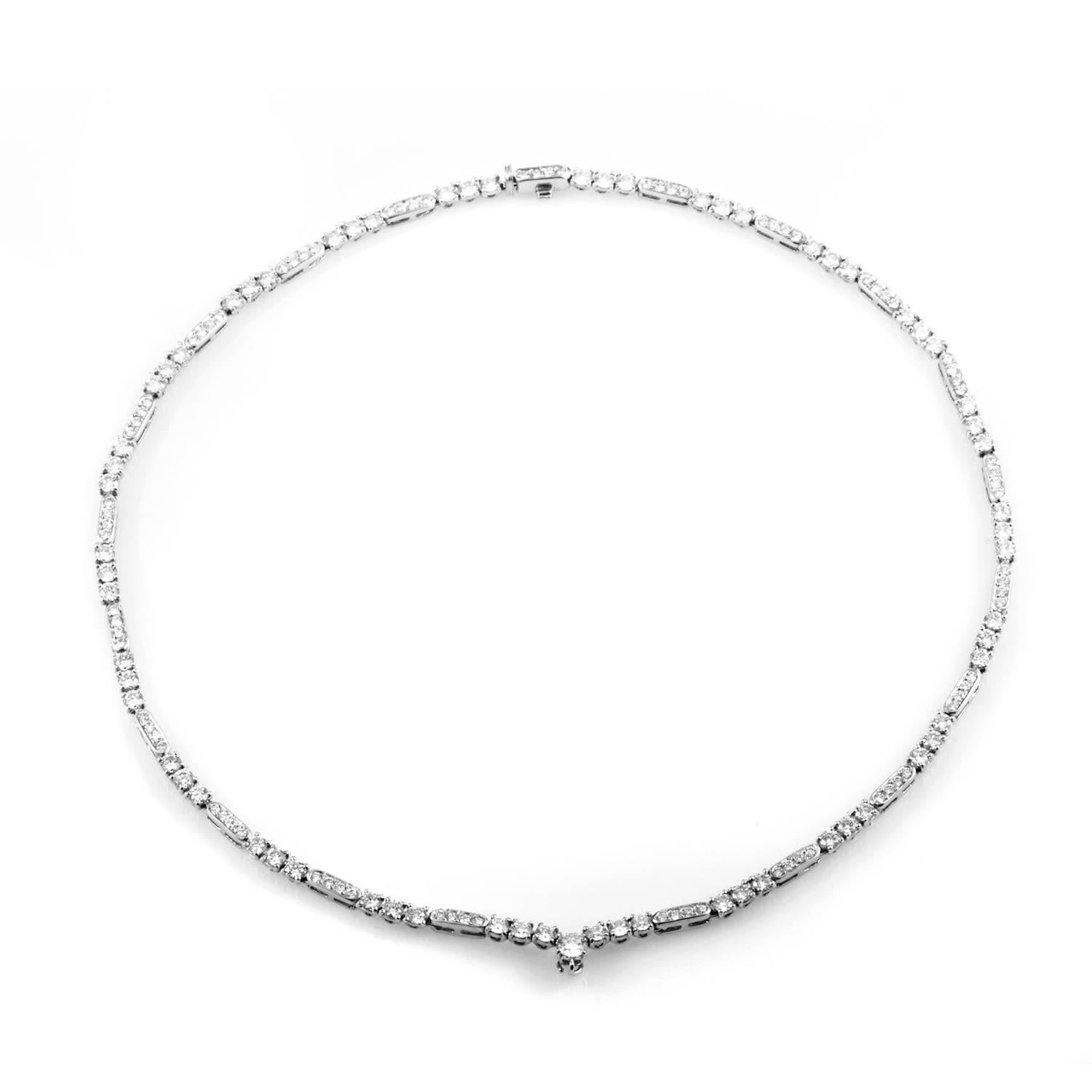 Understated prestige and subtle elegance at their very finest, this spellbinding necklace from Graff boasts a minimalistic and intriguing design made of luxurious platinum and adorned with a neat and scintillating setting of diamonds weighing in