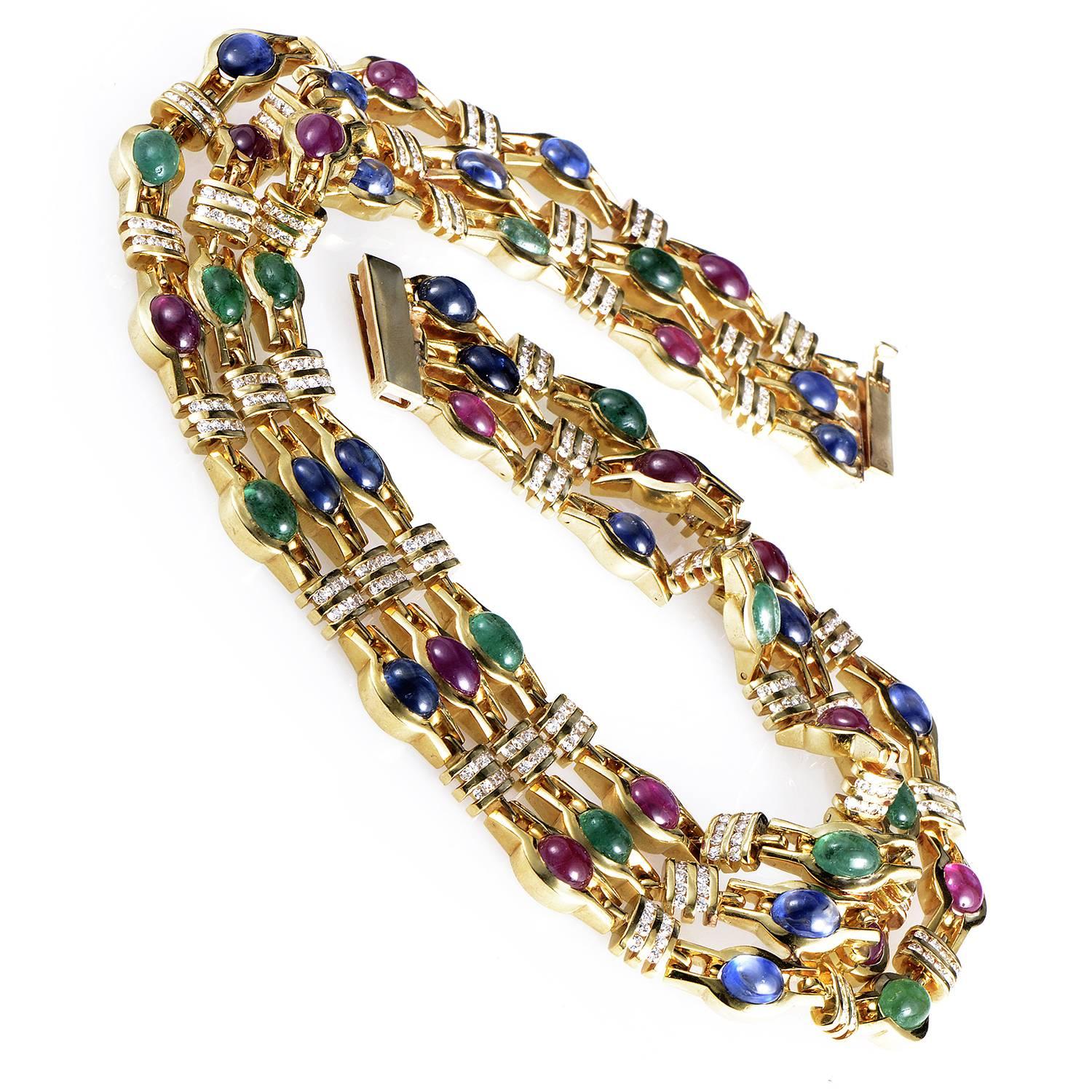 Epitomizing tasteful glamour and lavish luxury in a flamboyant and charming design, this outstanding necklace is made of 18K yellow gold with 6.20 carats of glittering diamonds, 15.00 carats of splendid emeralds, stunning sapphires weighing in total