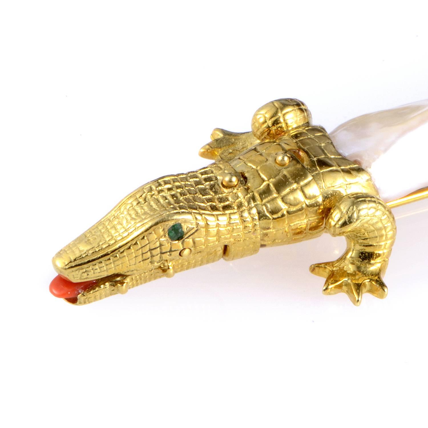 Gemstone Gold Crocodile Brooch In Excellent Condition In Southampton, PA