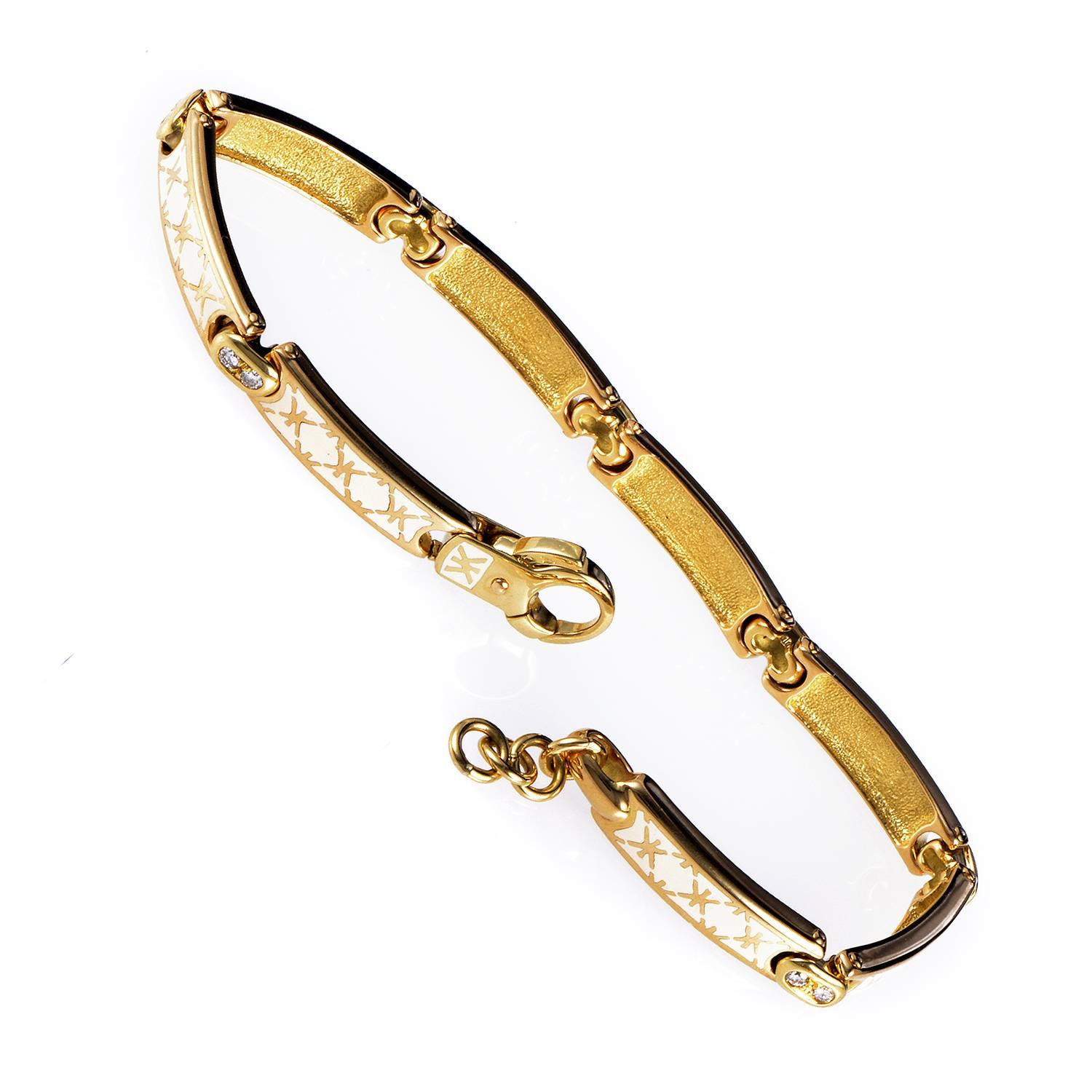 The effervescent intrinsic allure of prestigious 18K yellow gold is brought out in radiant fashion by intricate craftsmanship and splendidly subtle ornamentation upon the surface of this lovely bracelet from Korloff, while diamonds provide a glimpse