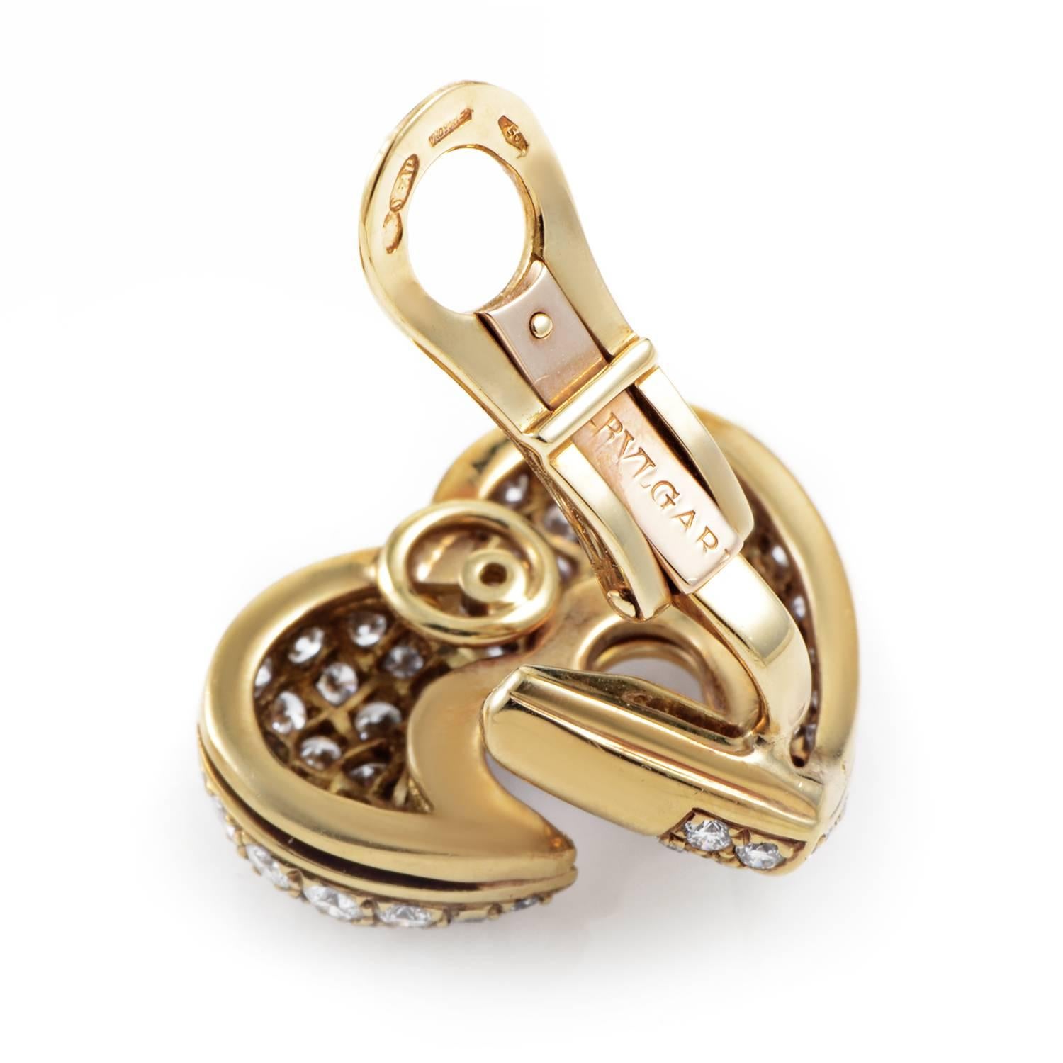 Bulgari Diamond Pave Gold Heart Clip-On Earrings In Excellent Condition In Southampton, PA