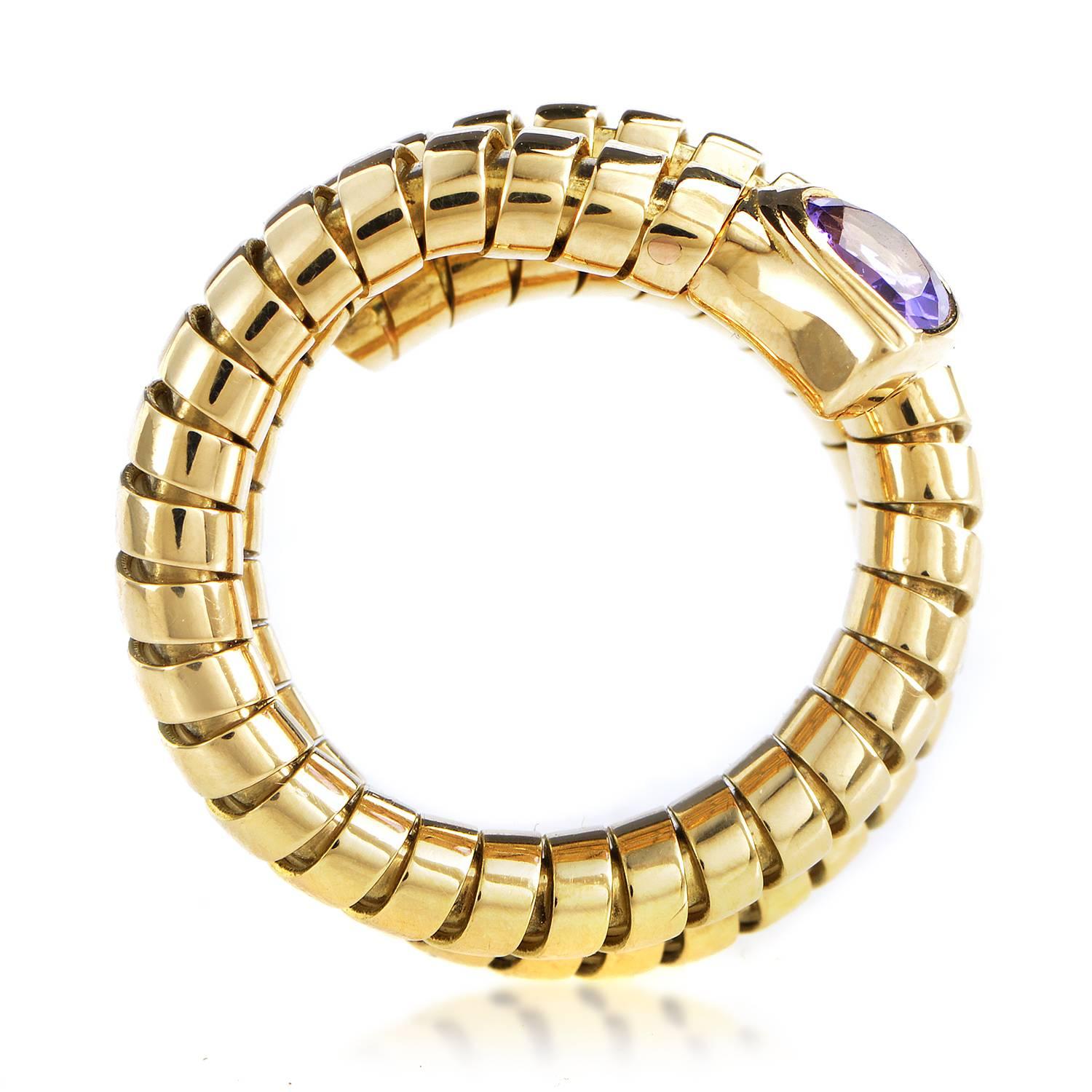 A fascinating item of intriguingly offbeat nature and strong prestigious allure produced by the radiant 18K yellow gold, this compelling ring from Bulgari boasts an amazing form on the end of which a delightful amethyst is placed.
Ring Size: 5.0