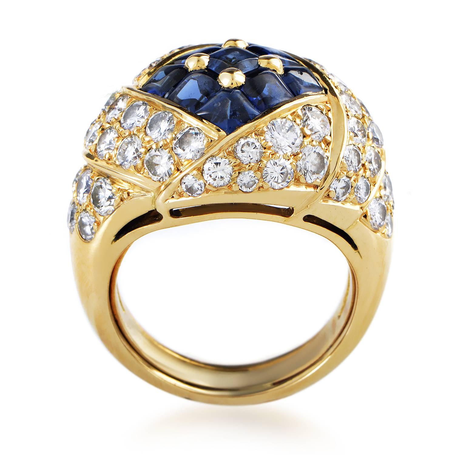 Producing a strong spirit of regal elegance and prestigious luster, this amazing ring from Piaget combines 18K yellow gold with magnificently sparkling diamonds weighing in total approximately 3.50ct and splendid sapphires totaling approximately