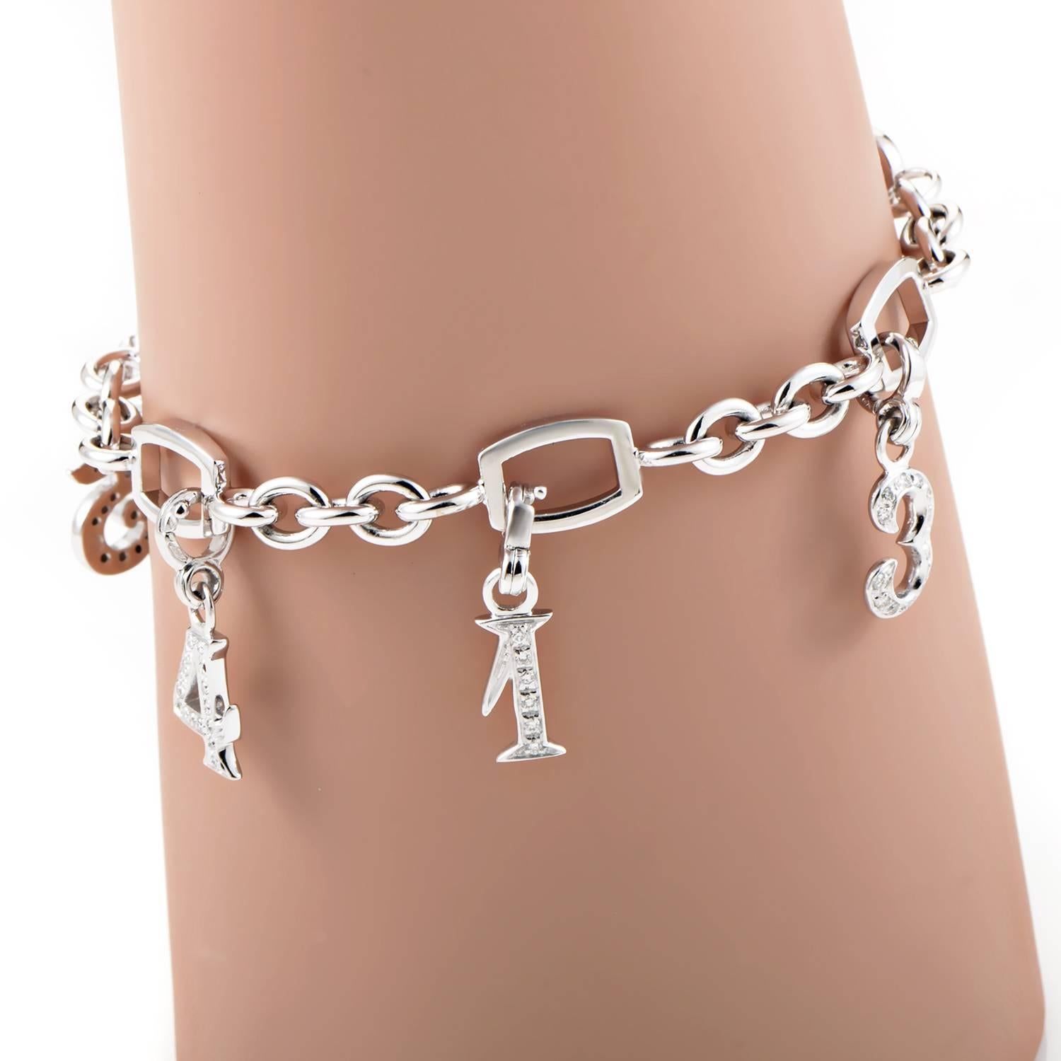 An elegant and feminine design which exudes a luxurious scintillating allure, this splendid bracelet from Franck Muller boasts an interestingly shaped 18K white gold body with lovely number-shaped charms that are embellished with sparkling