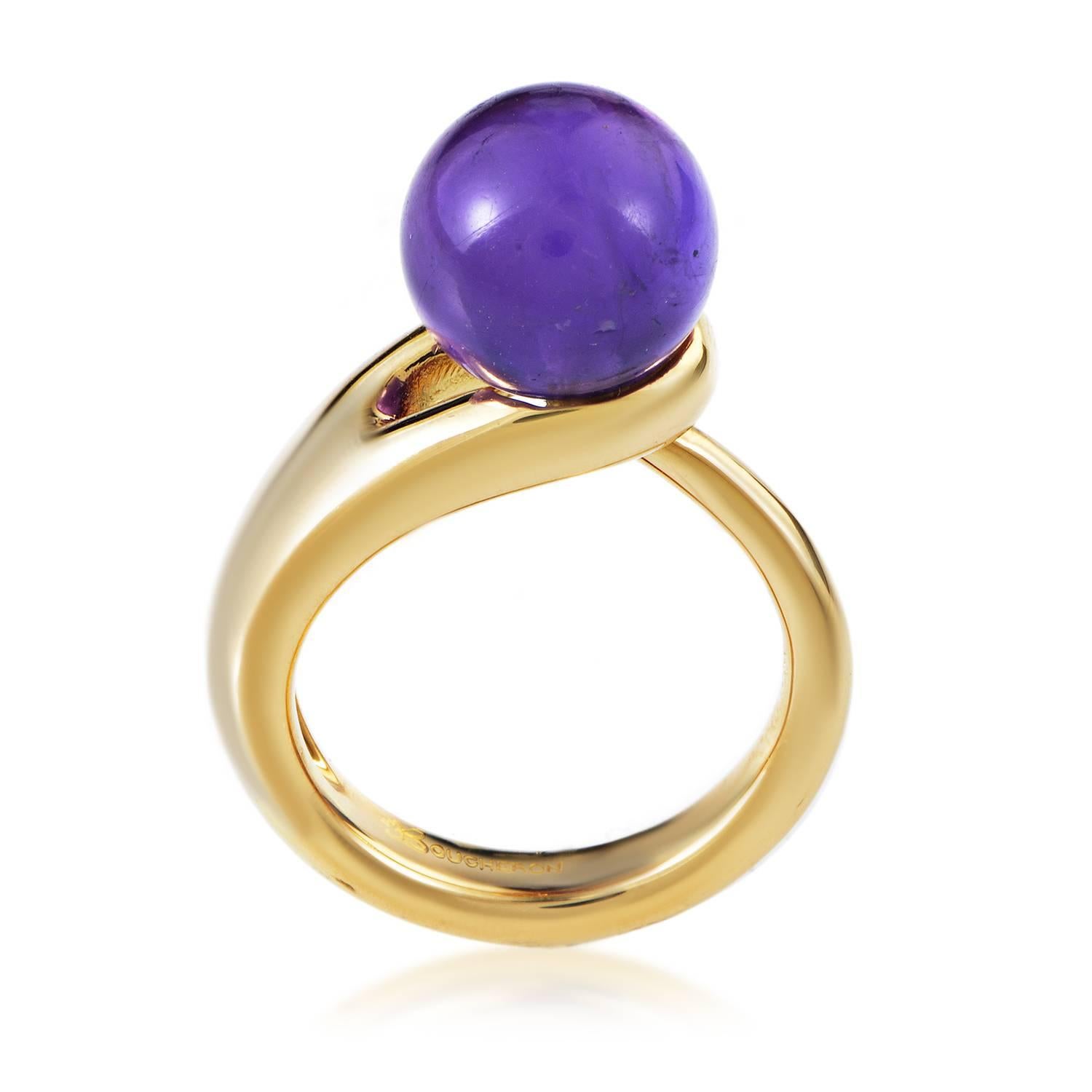 Flowing gracefully to create a wonderful shape upon which a delightful round amethyst is set, the lovely 18K yellow gold in this gorgeous ring from Boucheron gives off a fantastic luxurious allure.
Included Items: Manufacturer's Box
Ring Size: 5.0