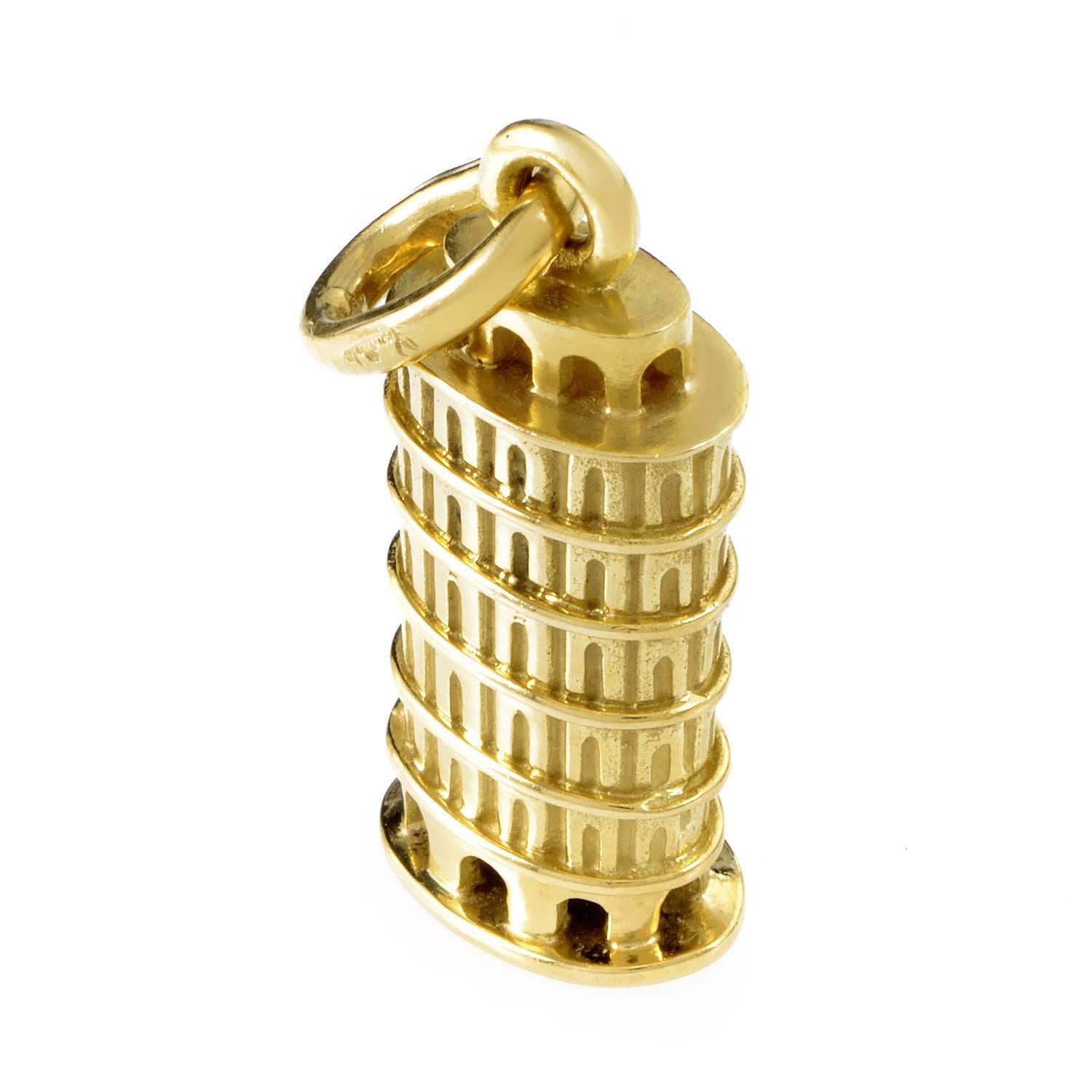 An adorable depiction of one of the most famous buildings in the world, this beautiful charm from Pomellato is made from luxuriously gleaming 18K yellow gold in the shape of the intriguing Leaning Tower of Pisa.
