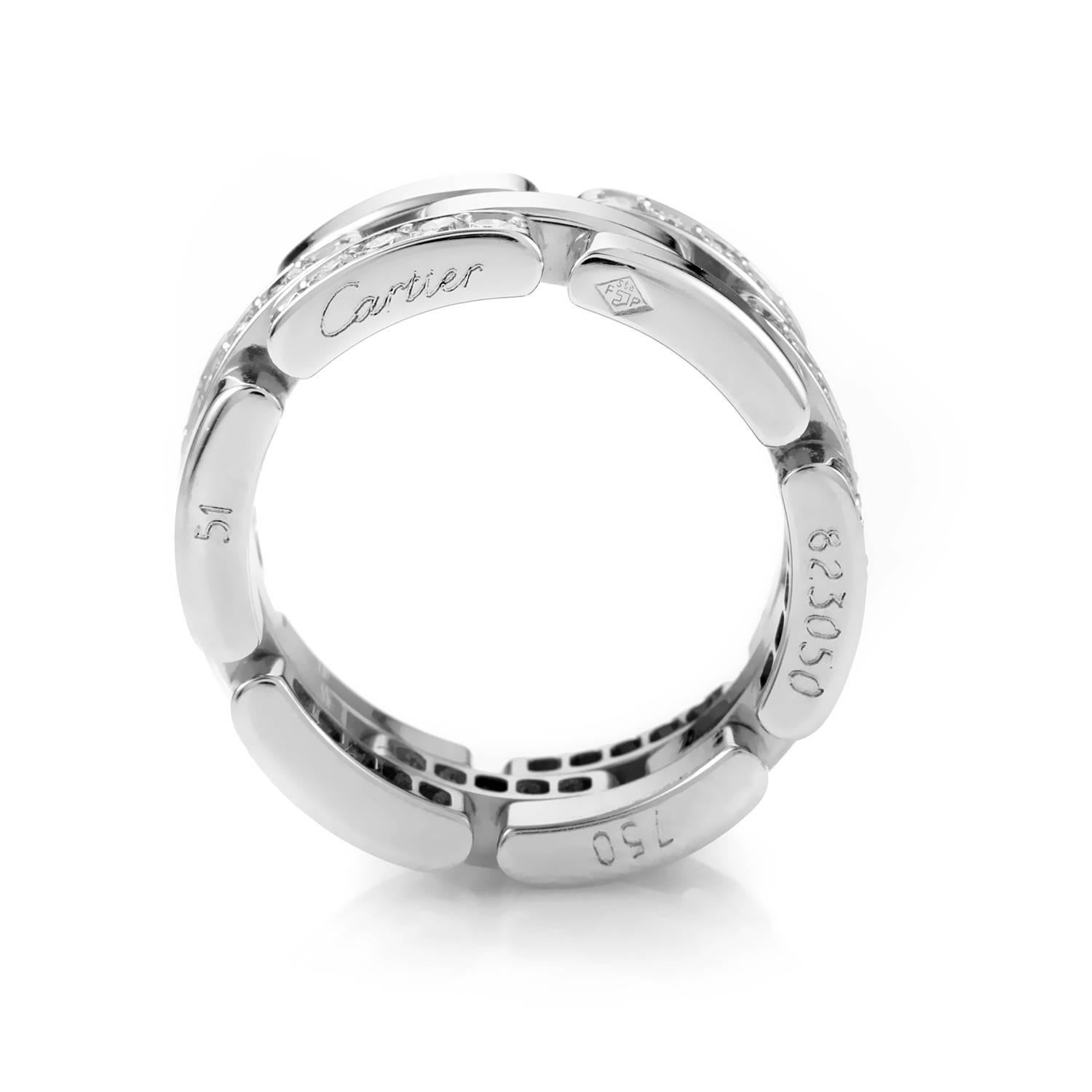 Alternating between impeccable polish and sparkling diamond setting, the intriguing surface of this elegant band from Cartier is given a bright tone from the harmonious blend of 18K white gold and brilliant diamonds weighing in total approximately