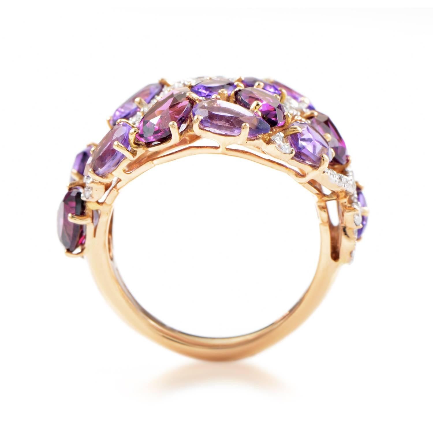 A majestic manifestation of exuberant glamour and feminine luxury, this spellbinding 18K rose gold ring from Casato boasts fascinating décor that combines glittering diamonds totaling 1.40 carats with delightful tourmalines and amethyst