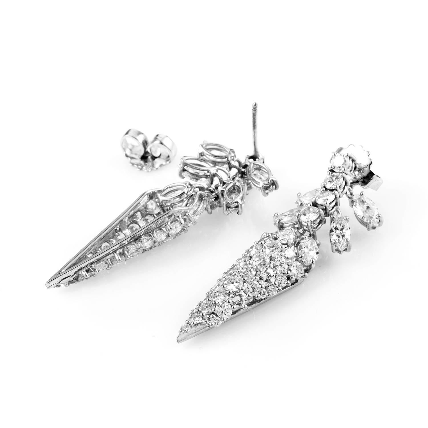 An ecstatic epitome of prestigious brilliance and scintillating glamour, this mesmerizing pair of earrings dazzles with its majestic arrangement of diamonds weighing in total 11.60 carats upon gorgeously shaped 18K white gold.
Retail Price: