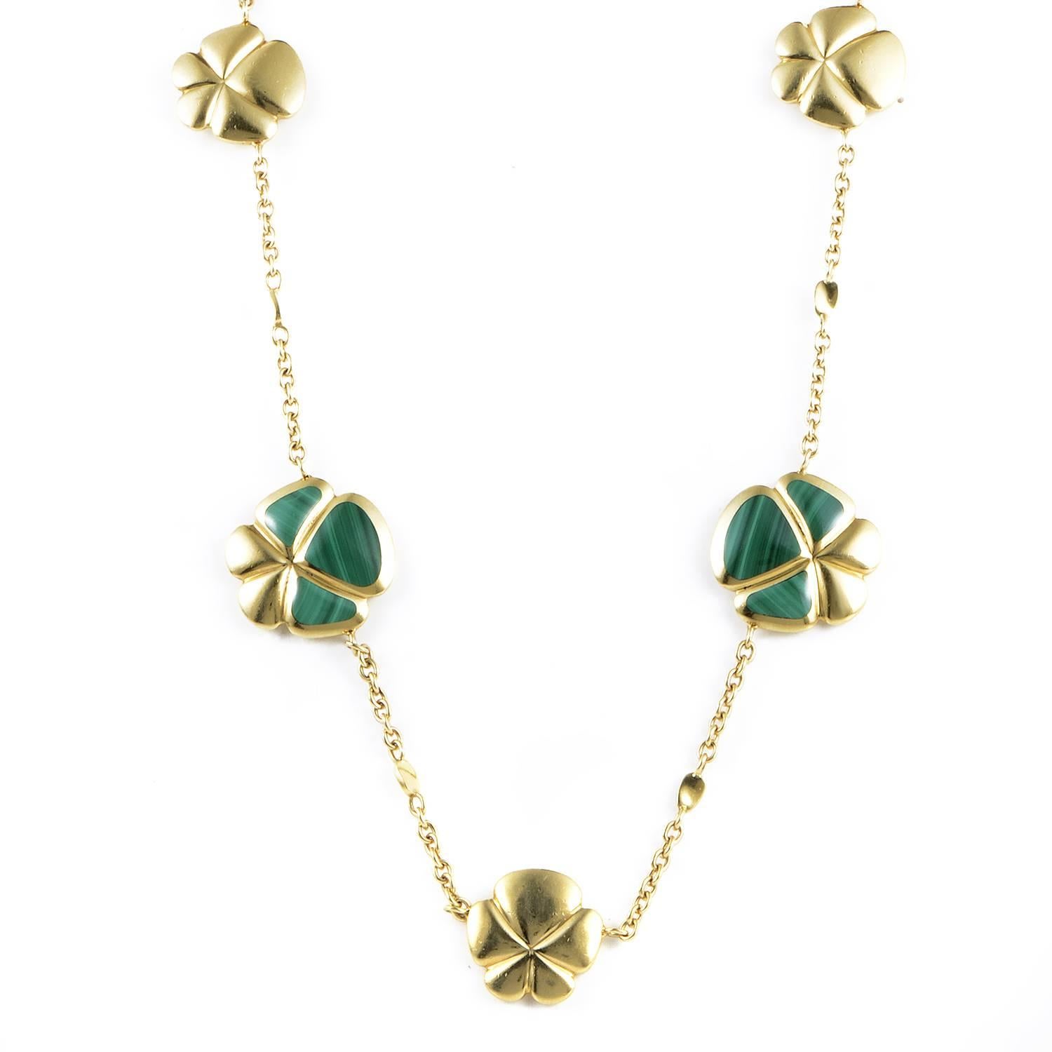 Fittingly employed to produce a marvelous appeal in the lovely floral motifs, the splendidly textured malachite stones brilliantly contrast the spotless 18K yellow gold in this charming necklace from Ambrosi.
Retail Price: $11,800.00 (Plus