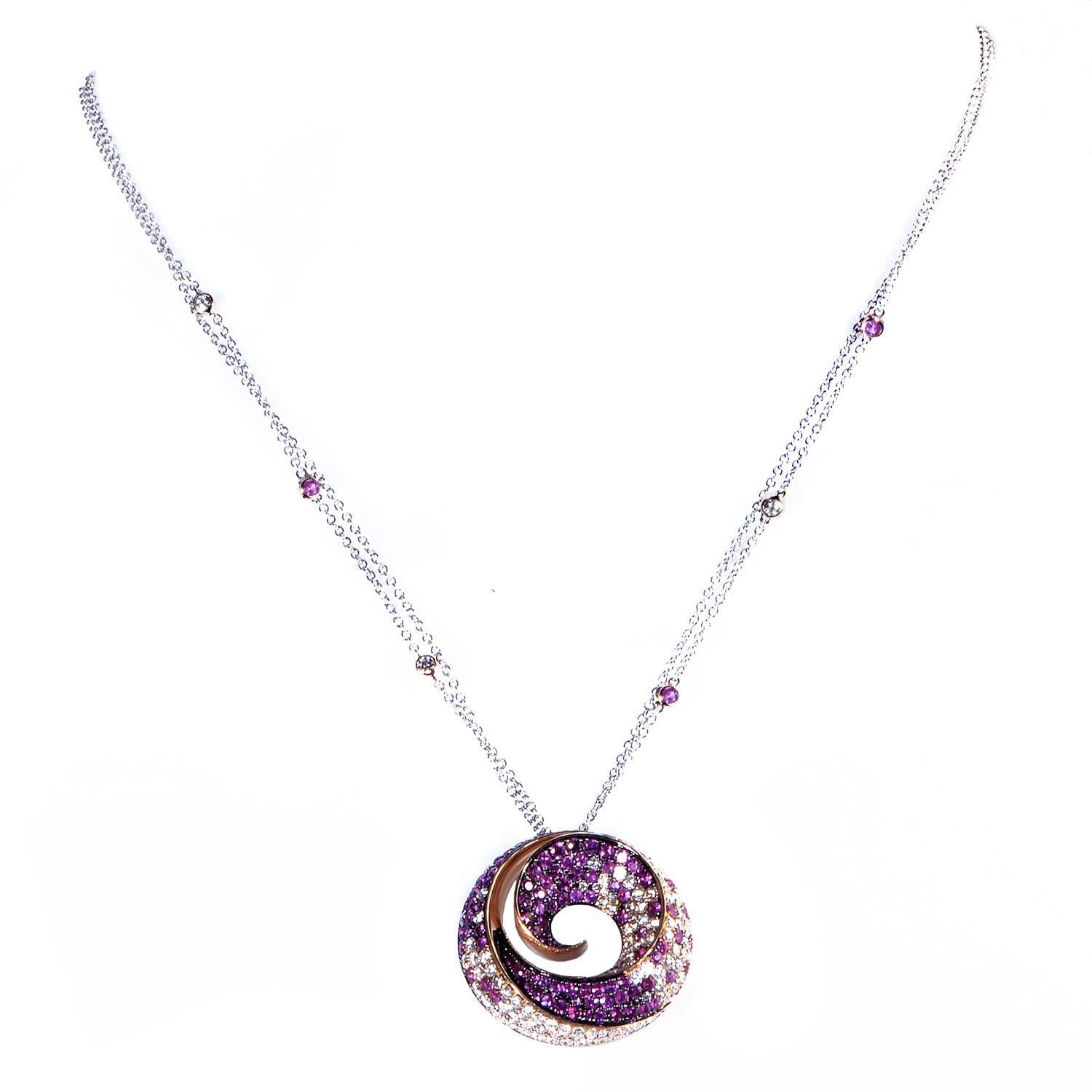 A magnificent item of dazzling beauty, this fascinating necklace from Miori is made of 18K rose and white gold and boasts a spellbinding pendant embellished with a majestic blend of glistening diamonds totaling 2.48 carats and feminine pink