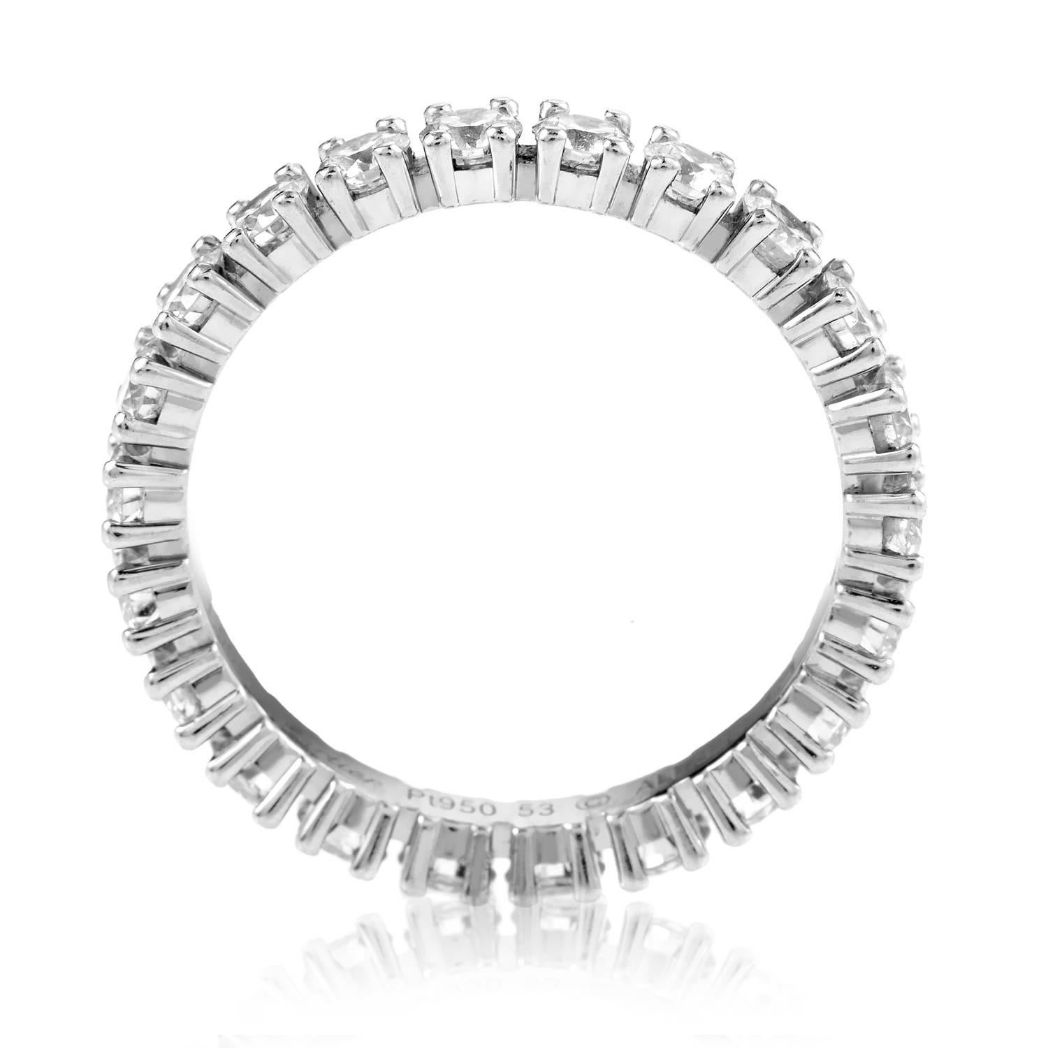 With the idea of eternity embedded into its fascinating design, this glorious band from Cartier embodies the elegance in design and perfection in crafting recognizable in the brand's opus, luxuriously blinding splendid platinum with diamonds