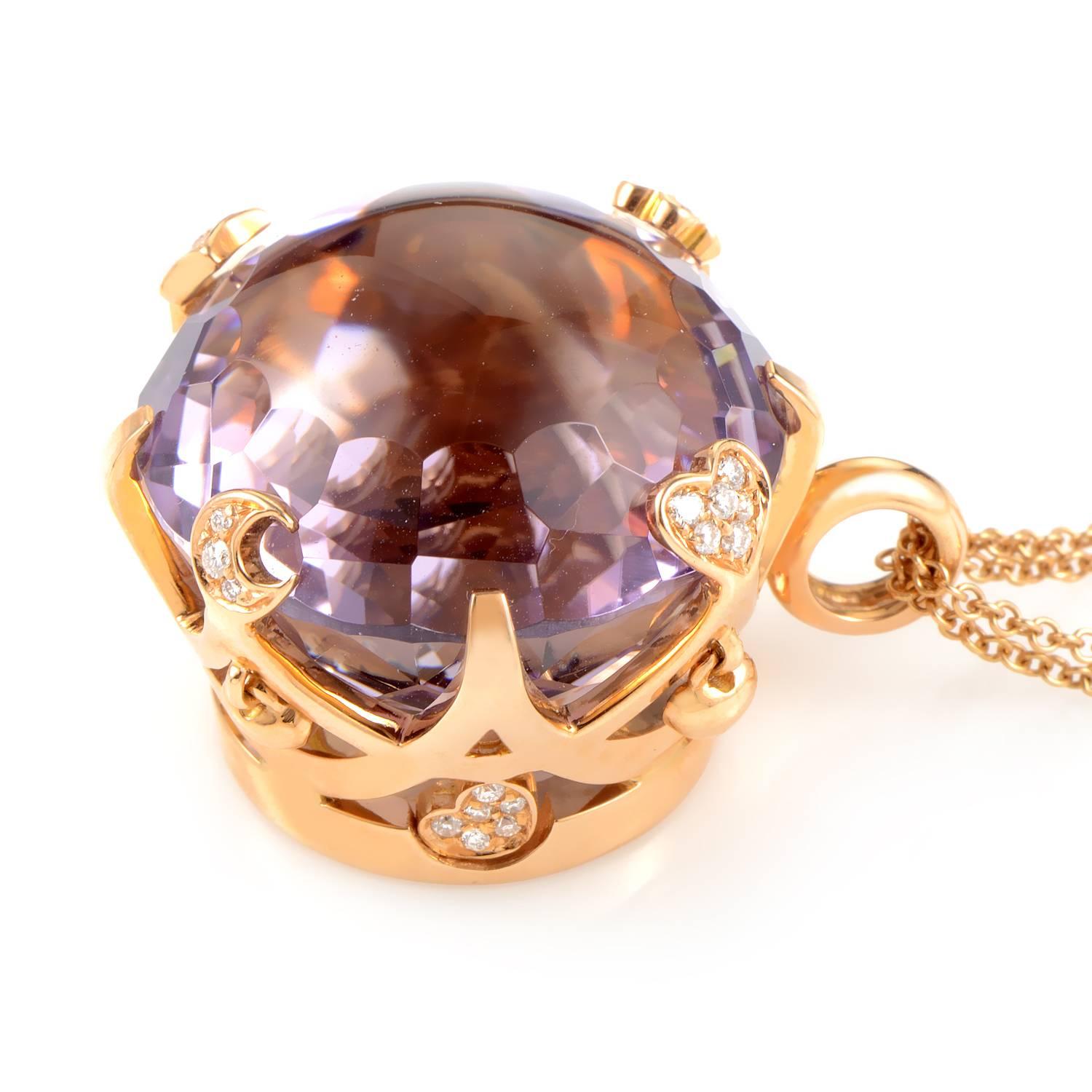 Intriguing with its imposing size and majestic shape, the amazing amethyst weighing 57.79 carats lures you into its captivating depths while complemented by 18K rose gold and 0.45ct of diamonds in this gorgeous necklace from Pasquale Bruni which