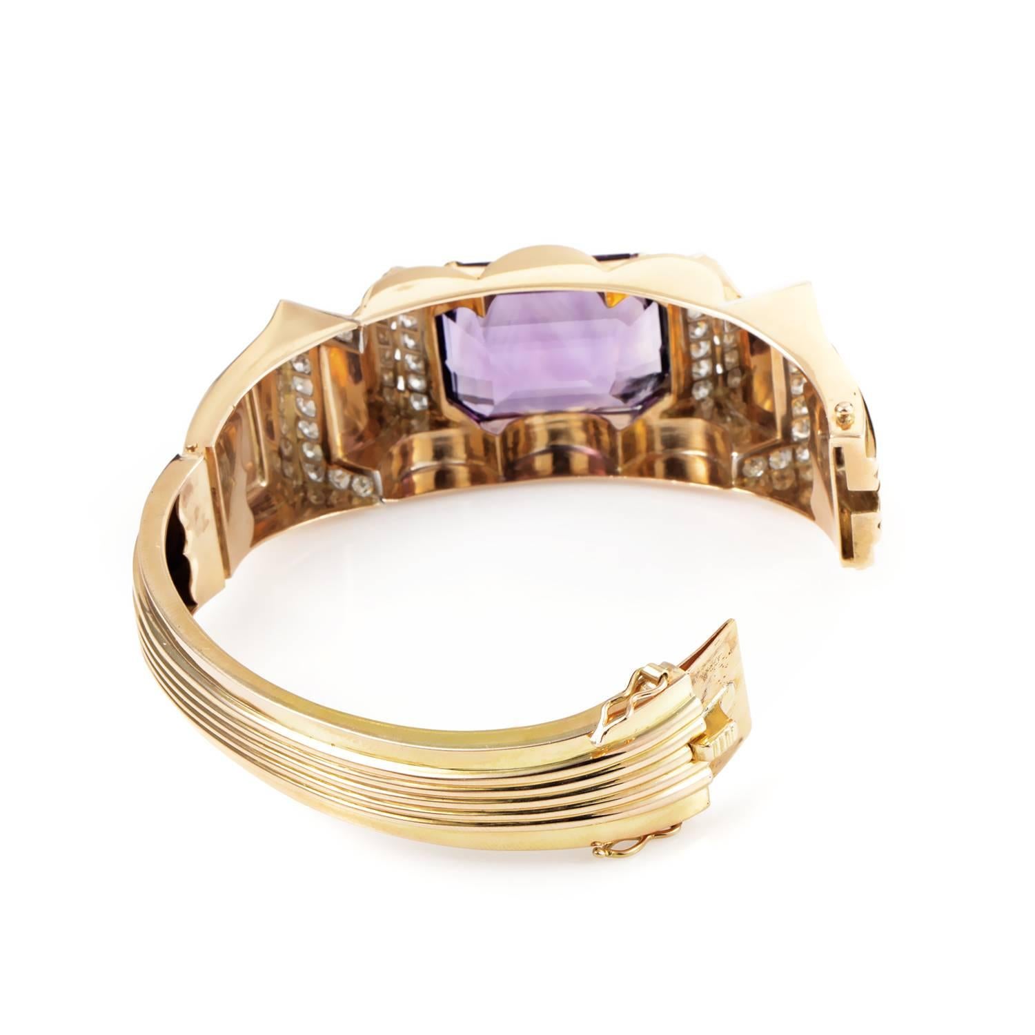 A magnificent sight of antique beauty and classic luxury, this fabulous bracelet is made of radiant 18K yellow gold and embellished with approximately 2.75 carats of diamonds while an astonishing amethyst weighing 40.00 carats sits gloriously on top.