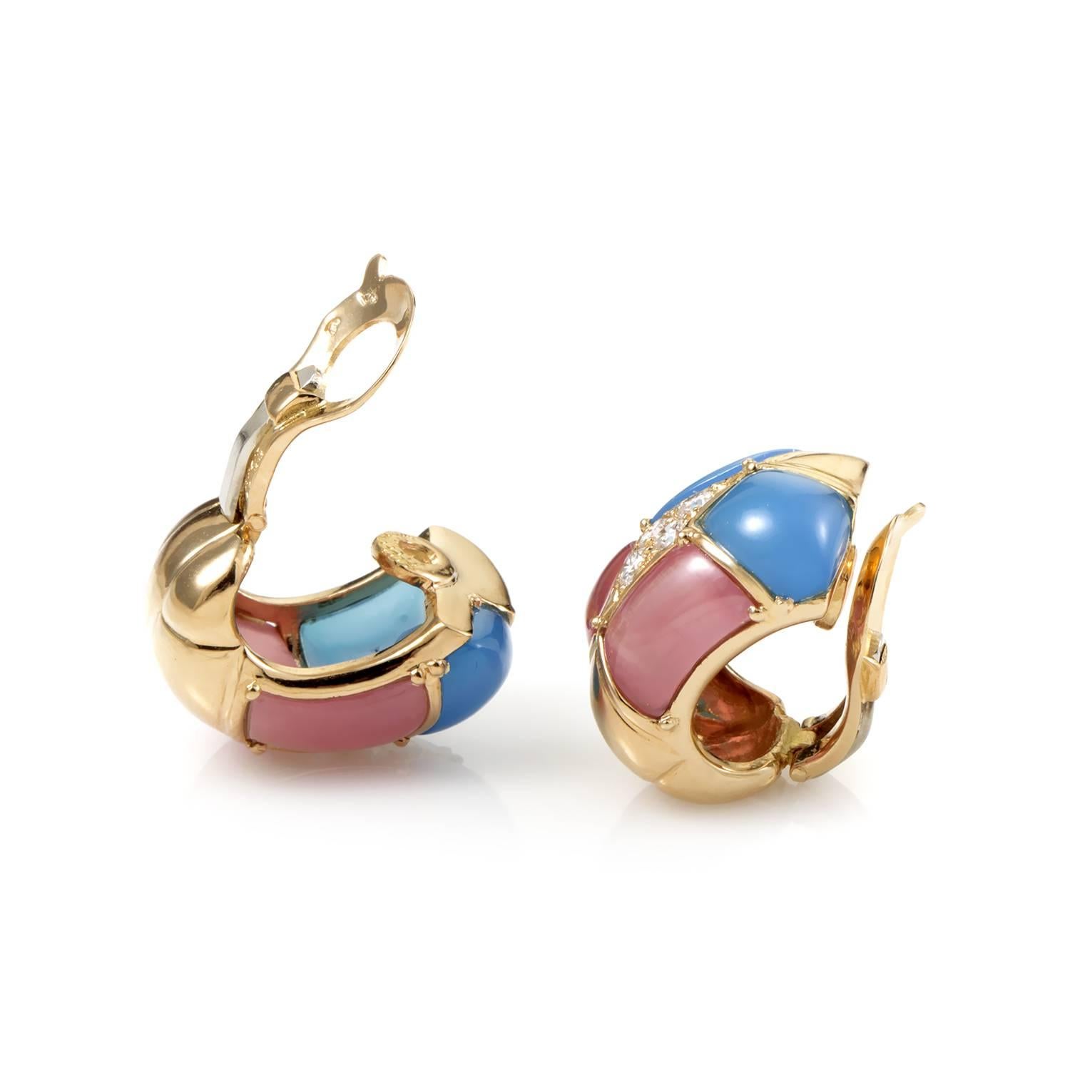 Tastefully combining contrasting nuances of splendid blue and lovely pink jade for a vivacious visual effect, Van Cleef & Arpels present these adorable earrings made of prestigious 18K yellow gold and embellished with delicately glistening diamonds
