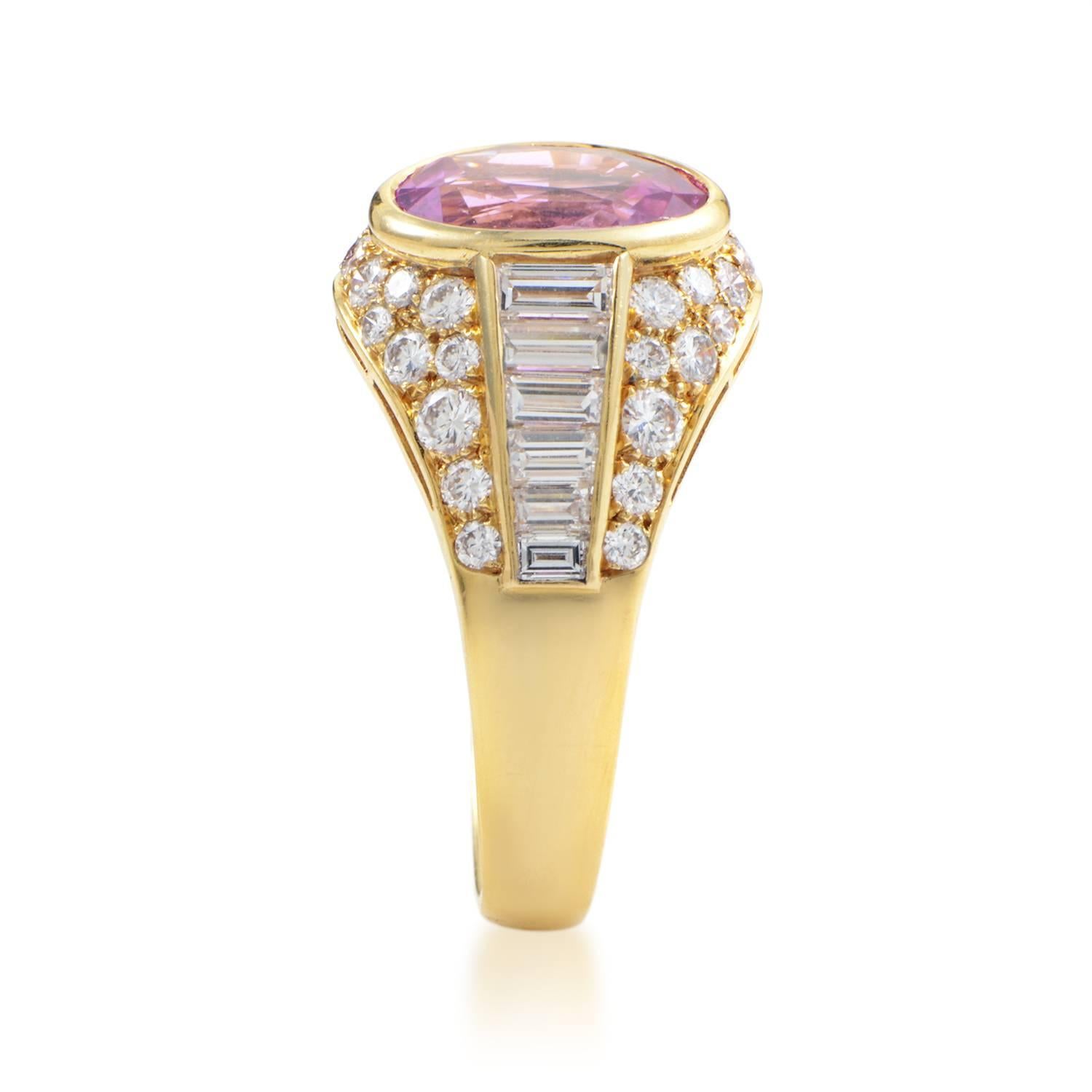 An item of sublime aesthetic appeal and refined prestigious quality, this majestic ring from Bulgari boasts diversely cut diamonds totaling approximately 2.00 carats set upon 18K yellow gold to complement the fantastic pink sapphire weighing 4.50