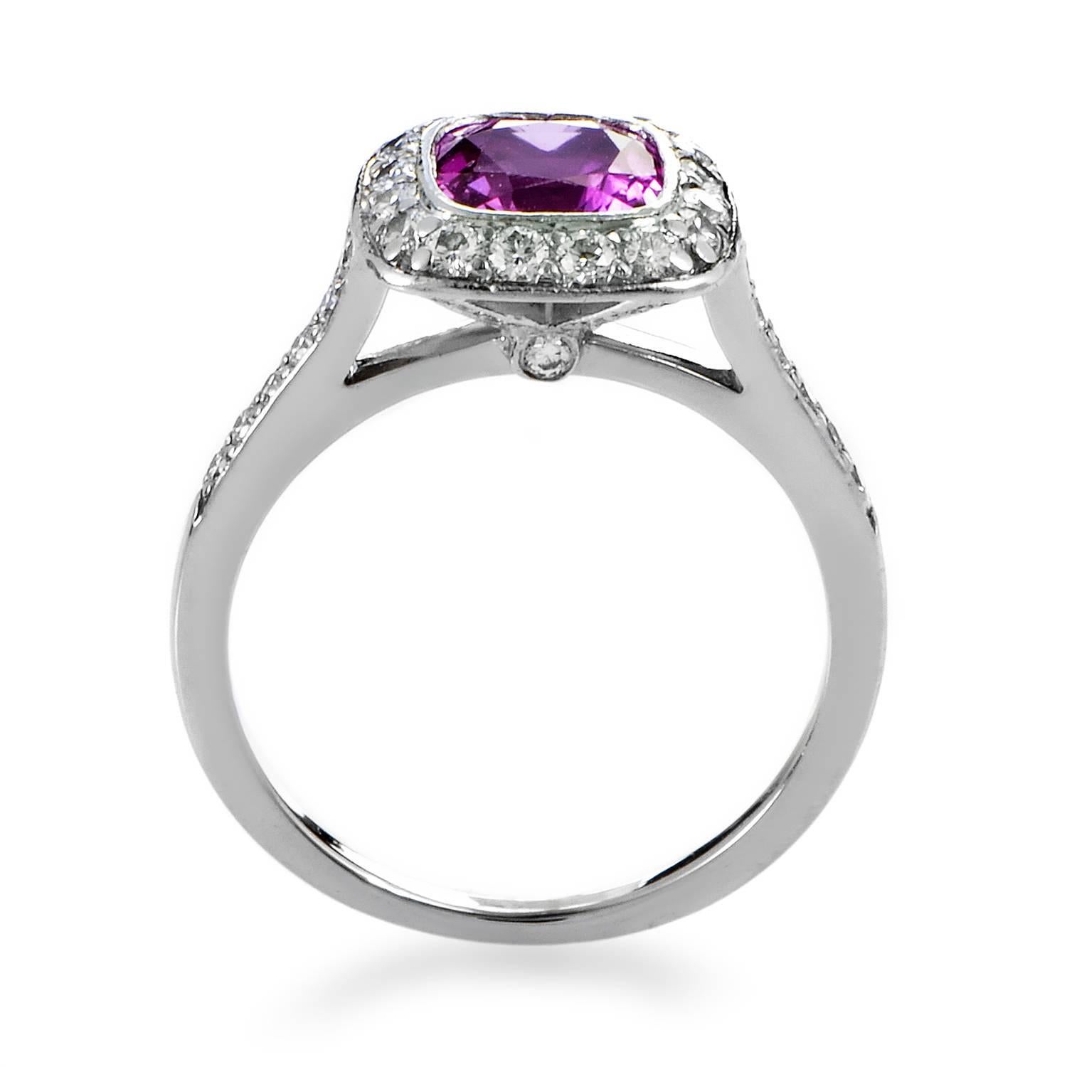 To create a pedestal worthy of the delightfully glistening pink sapphire weighing approximately 1.25 carats, the graceful body of this ring from Tiffany & Co. is made of gleaming platinum and adorned with 0.74ct of sparkling diamonds.
Ring Size: