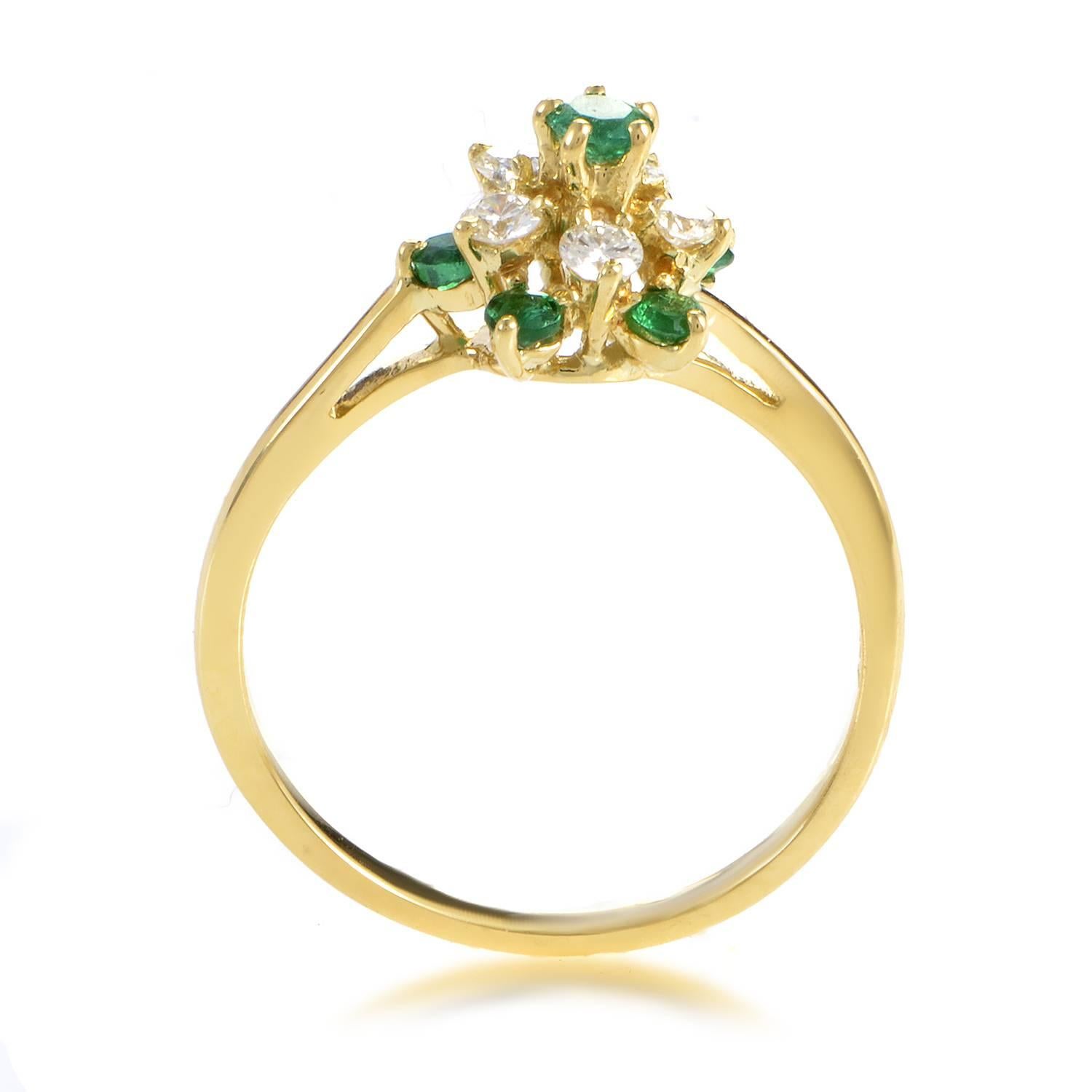 A fascinating blend of elegant emeralds totaling 0.40ct and scintillating diamonds weighing in total 0.25ct is arranged marvelously on top of a slim body made of precious 18K yellow gold in this fantastic ring from Kutchinsky.
Ring Size: 8.0 (56