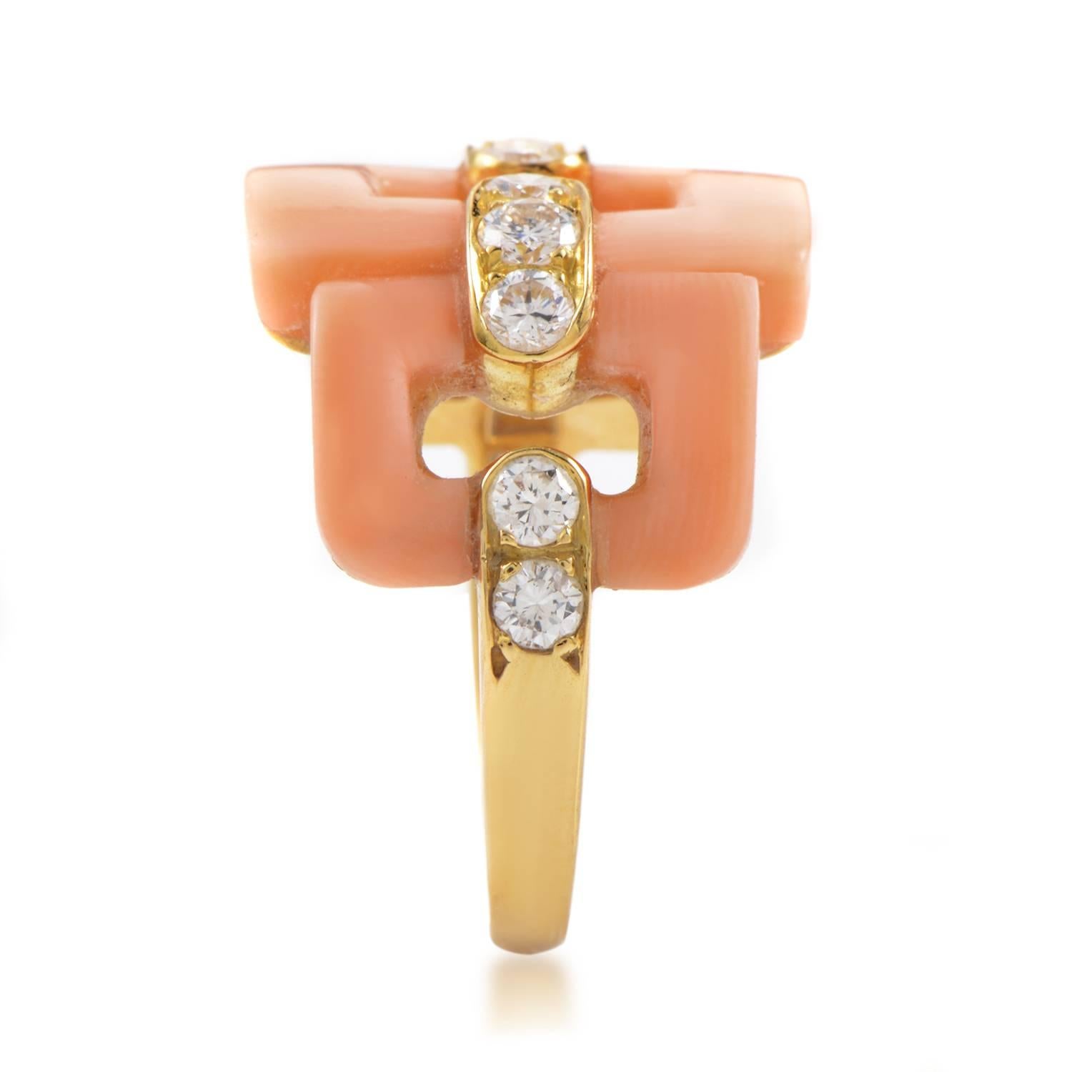 Van Cleef & Arpels Pink Coral Diamond Gold Band Ring In Excellent Condition In Southampton, PA