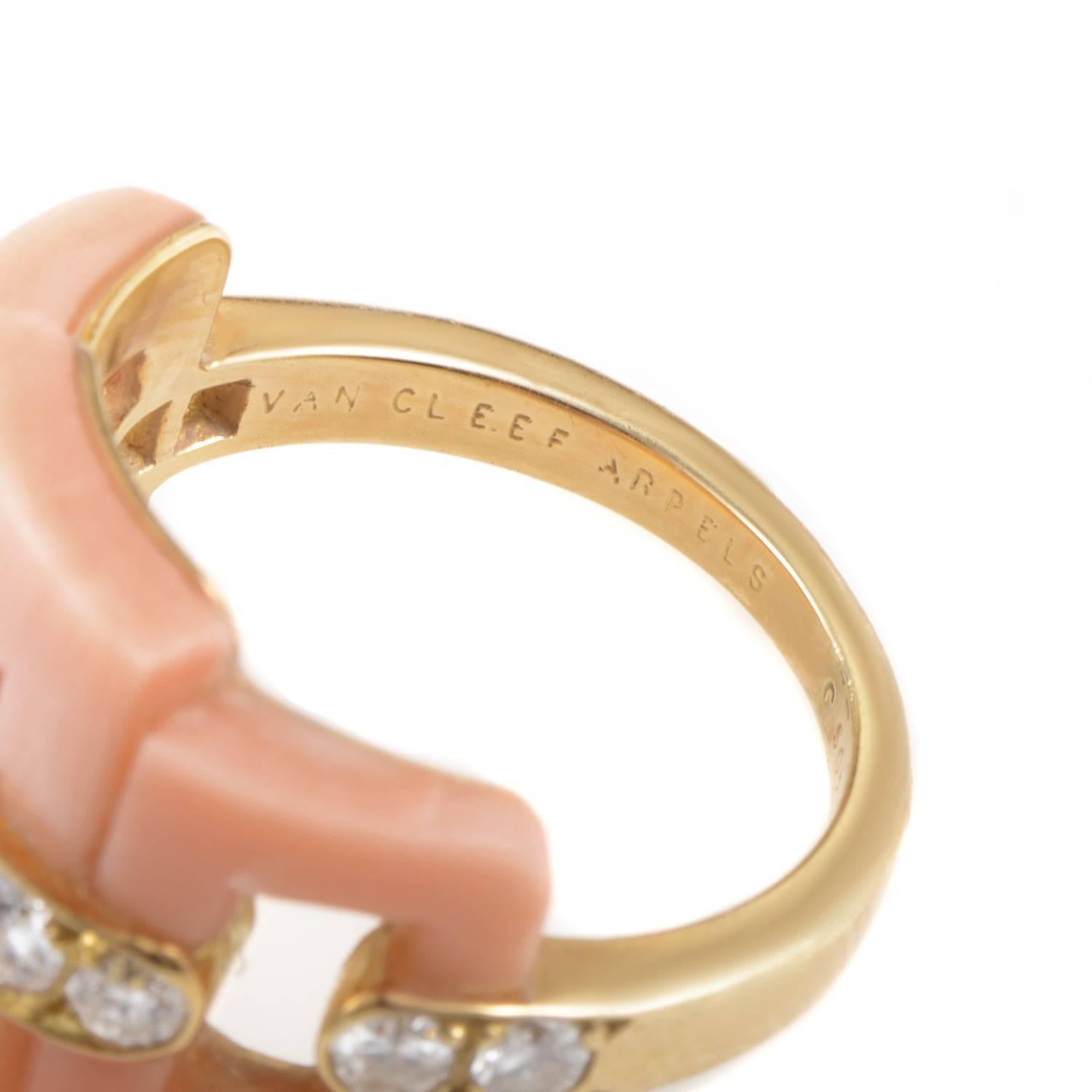 Women's Van Cleef & Arpels Pink Coral Diamond Gold Band Ring