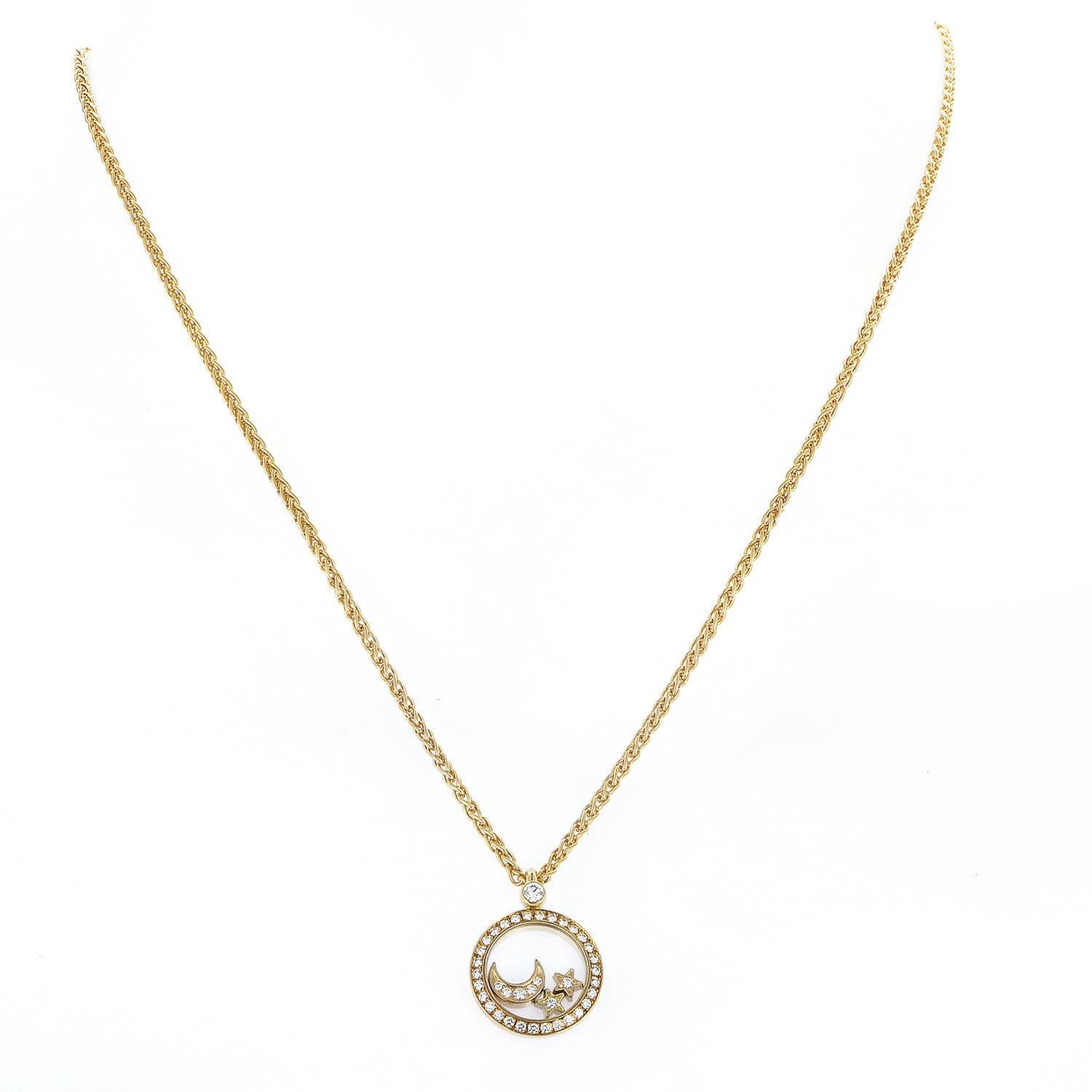 Elevating their emblematic design feature to a whole new level, Chopard presents this spellbinding necklace made of 18K yellow gold and 0.46ct of diamonds which boasts lovely diamond-set charms in the shape of moon and stars floating around the
