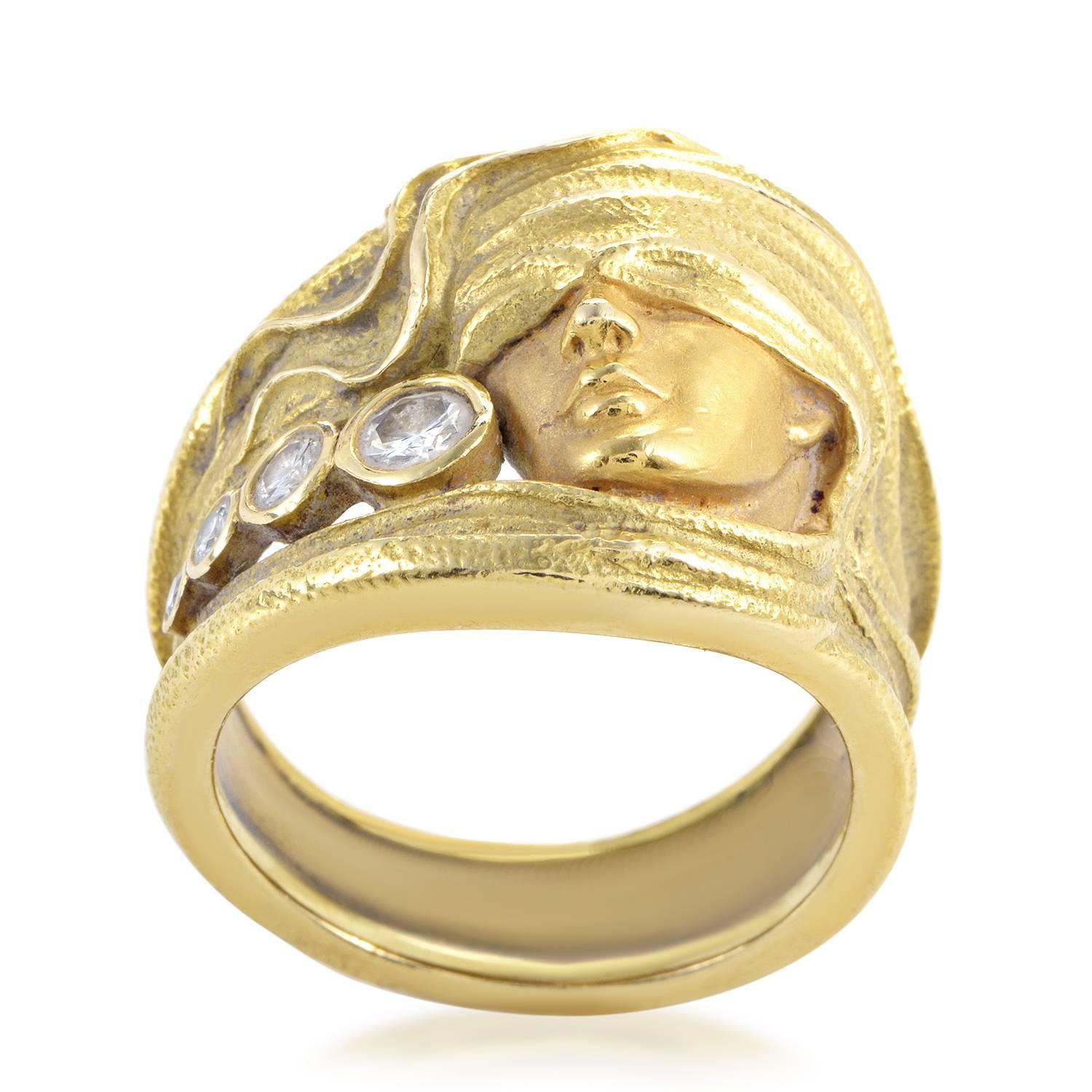 An engaging motif of a woman's face covered in wavering cloth crafted in astonishingly realistic fashion from precious 18K yellow gold makes this ring from Carrera y Carrera an item of immense artistic appeal embellished with 0.28ct of lovely