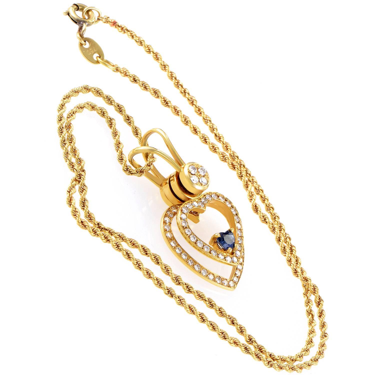 Waltham Floating Sapphire Diamond Gold Heart Pendant Necklace In Excellent Condition In Southampton, PA