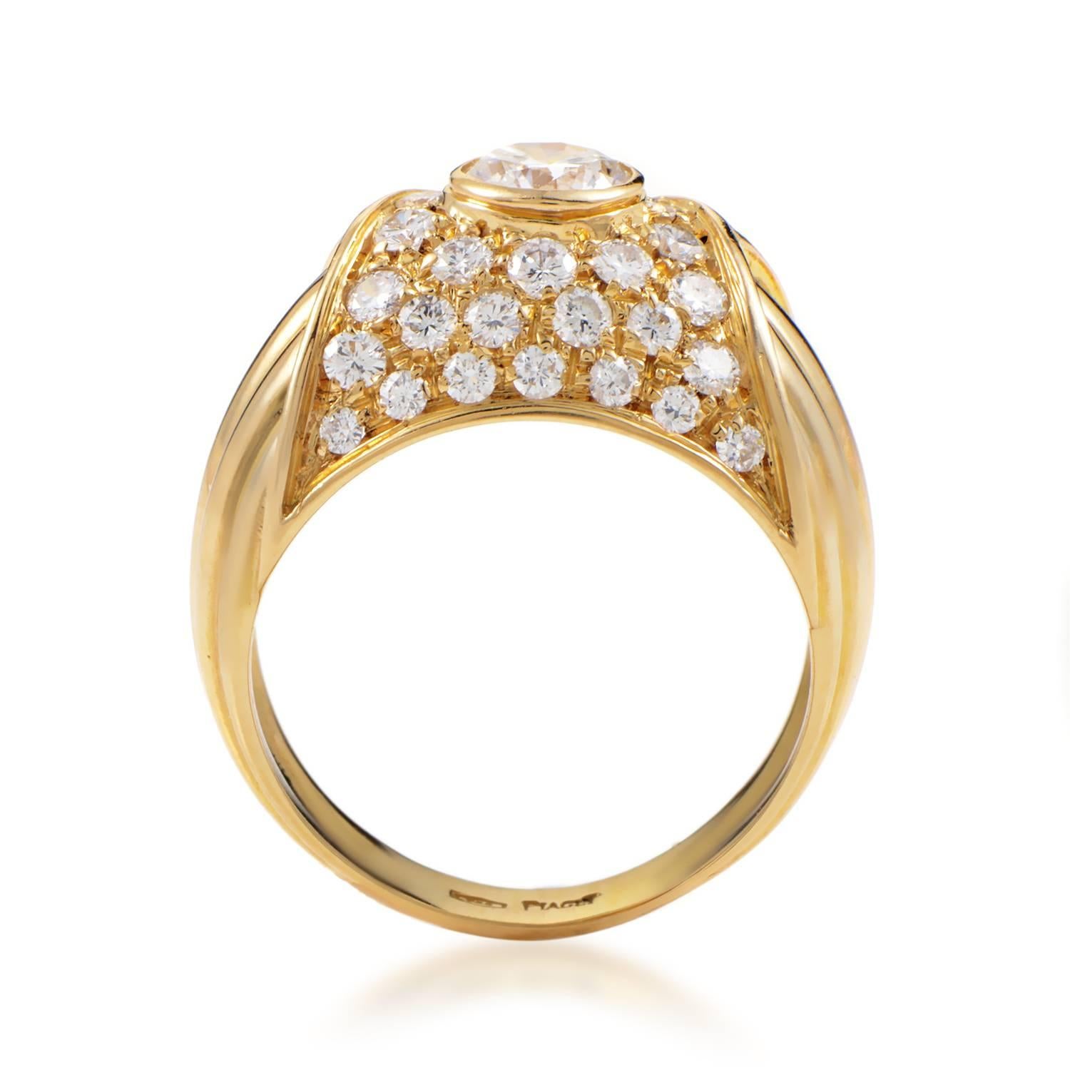 A sight of pure luxury and resplendent brilliance, this dazzling ring from Piaget employs the fabulous blend of radiant 18K yellow gold and majestically glistening diamonds weighing in total 1.85 carats to produce an eye-catching allure.
Ring Size: