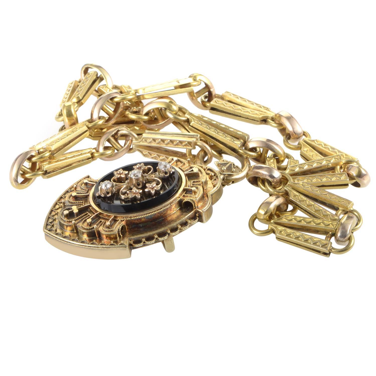 Onyx Diamond Gold Locket Pendant Necklace 1
