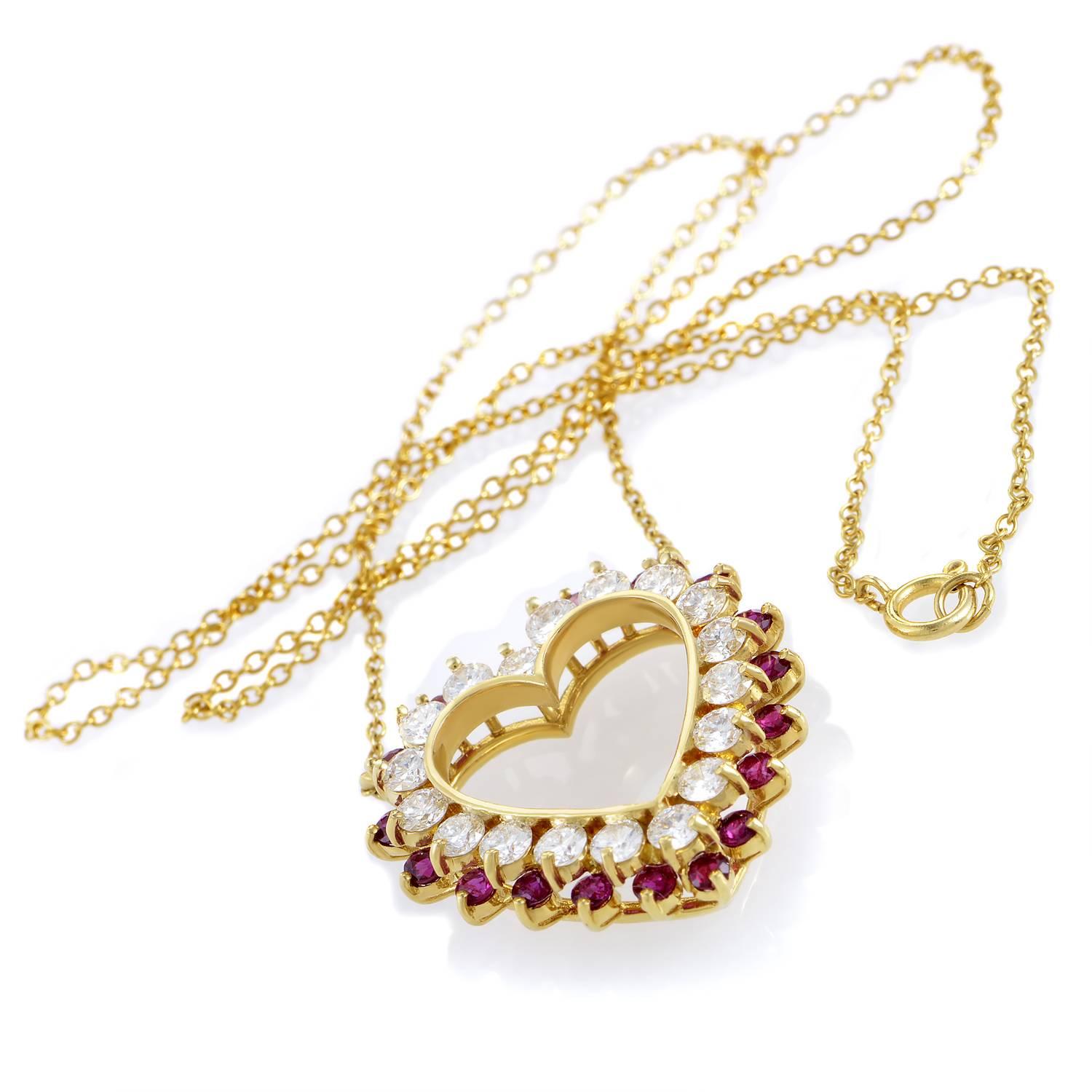 Gracing one of the most compelling motifs in the world of jewelry with exuberant emphasis and feminine spirit, this brilliant necklace from Tiffany & Co. embellishes lovely heart-shaped 18K yellow gold with passionate rubies weighing in total 1.12