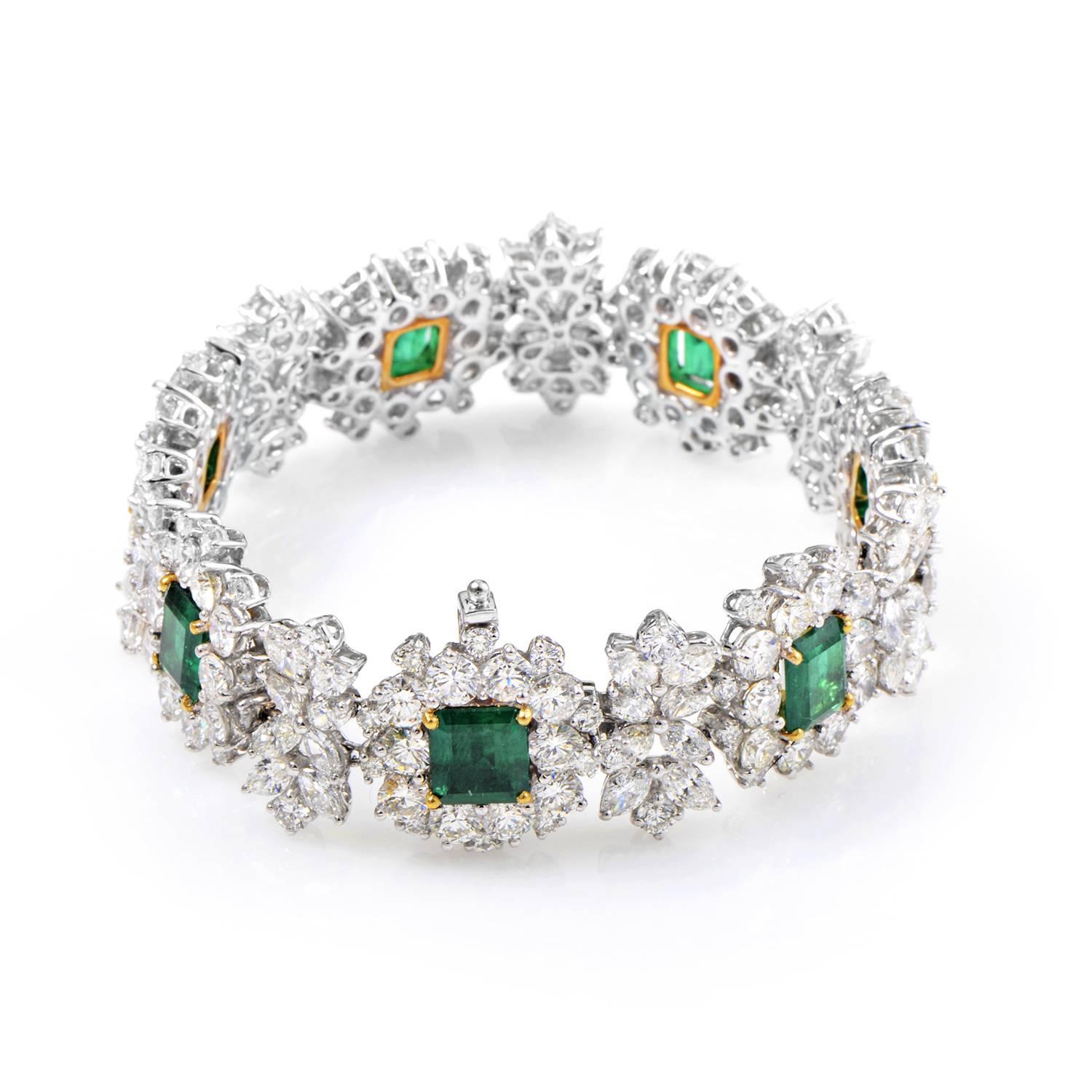Feast your eyes upon the decadent design of this lavishly gem-encrusted bracelet. The bracelet is made of shining platinum that is set with varying cuts of diamonds, weighing in total 18.20cttw. Lastly, seven emeralds, weighing in total 10.60cttw