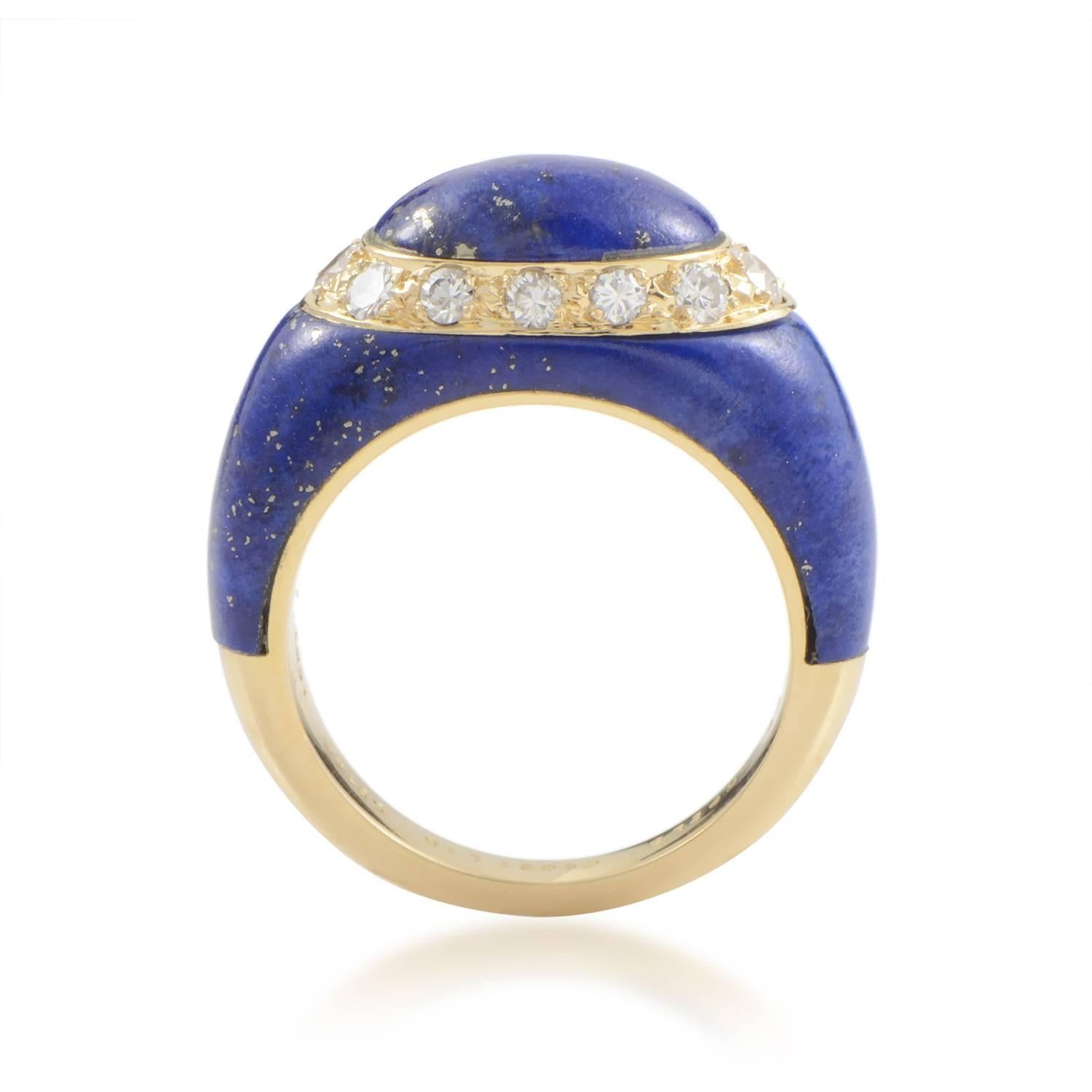Beautiful blue lapis and .22ct of glistening white diamonds come together in this gorgeous design from Van Cleef & Arpels. The ring is made of 18K yellow gold and boasts a domed shape that is very eye-catching.
Ring Size: 6.0 (51 1/2)
Ring Top