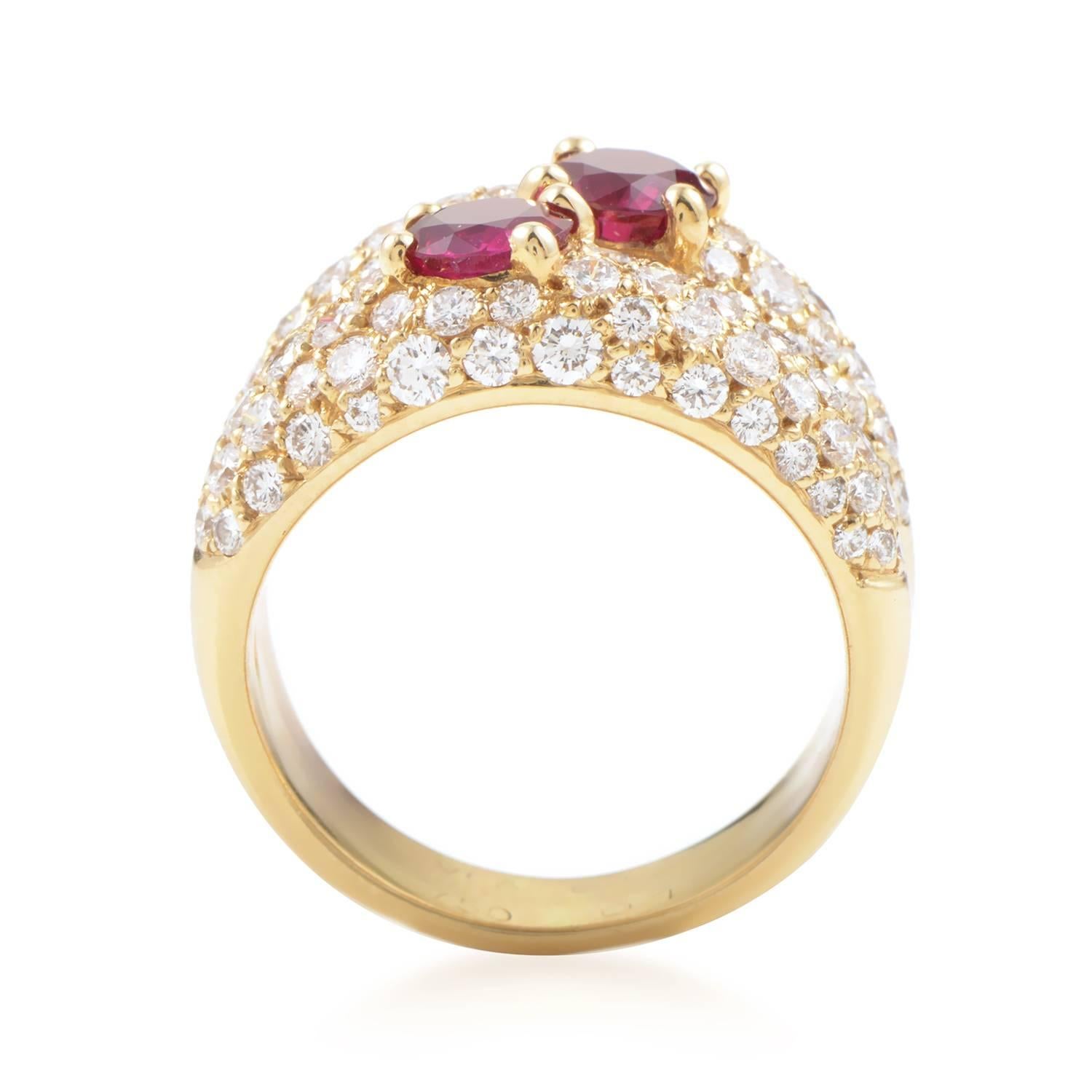Feast your eyes upon the ultra-luxe design of this ring from Van Cleef & Arpels. The ring is made of two 18K yellow gold bands forged together, and paved with 1.59ct of diamonds. Lastly, 1.80ct of rubies add a splash of colorful brilliance to