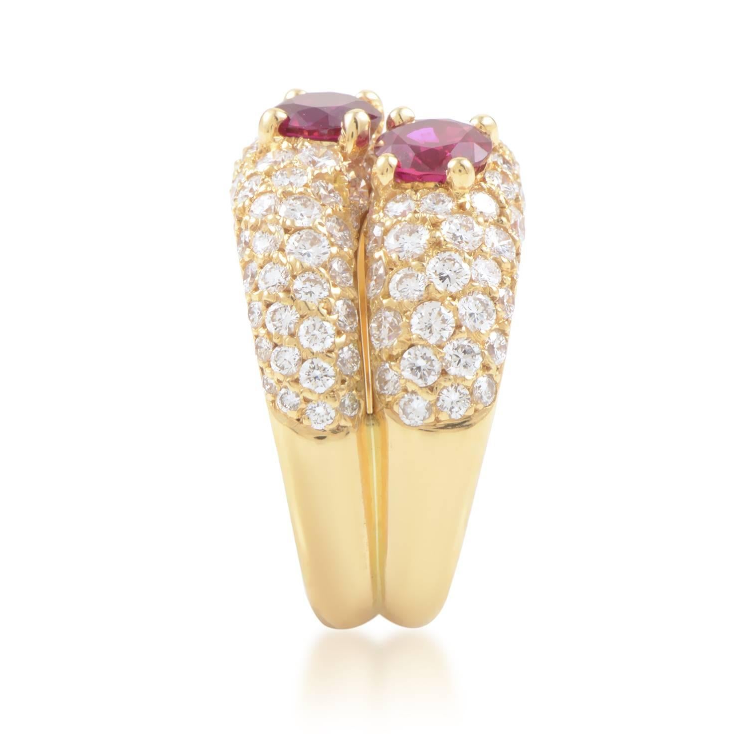 Van Cleef & Arpels Ruby Diamond Pave Gold Double Band Ring In Excellent Condition In Southampton, PA