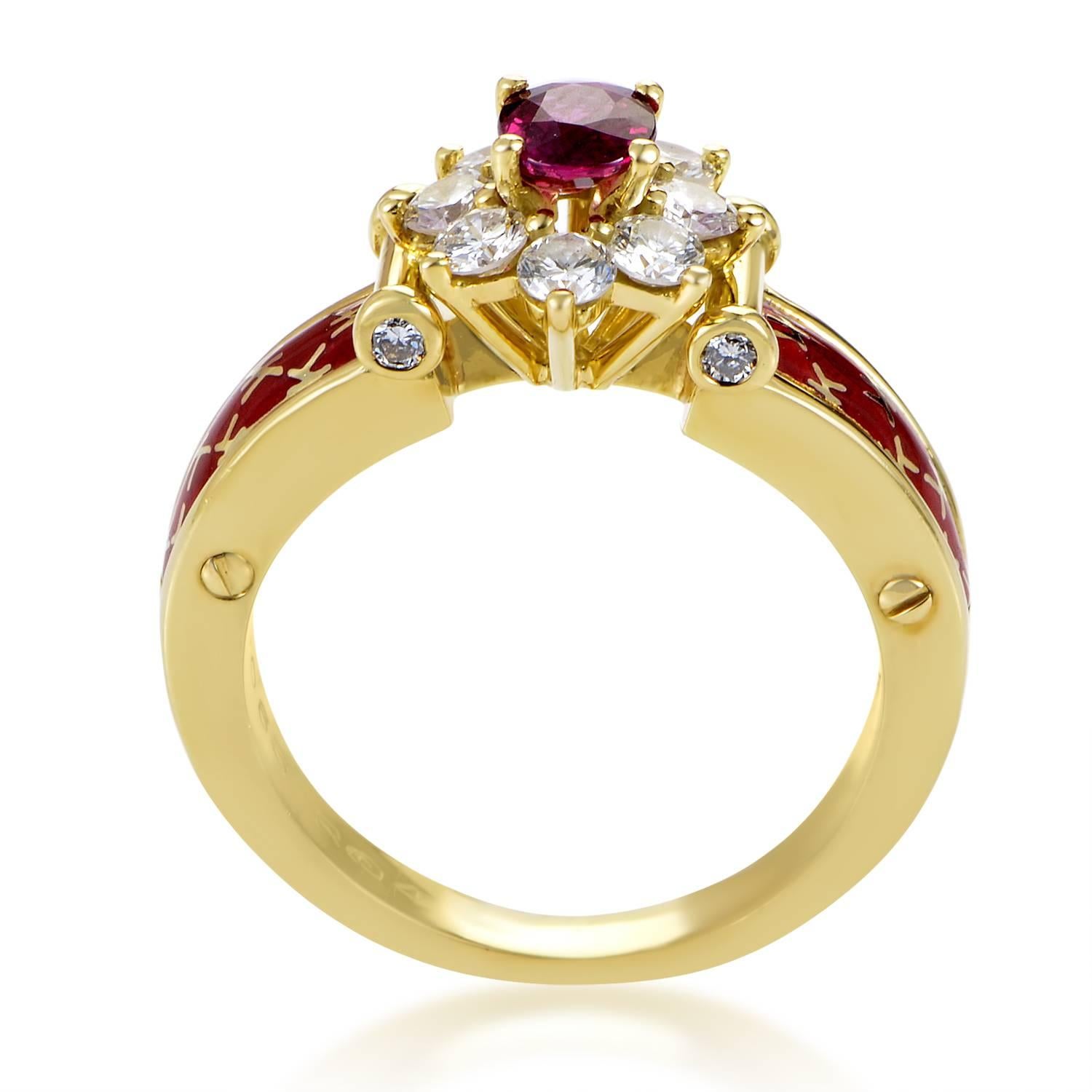 This ring from Korloff exudes an air of luxury that is without comparison. The ring is made of 18K yellow gold, and features shanks accented with a cherry-red enamel and Korloff insignia. The ring's main attraction however is a gorgeous flower motif