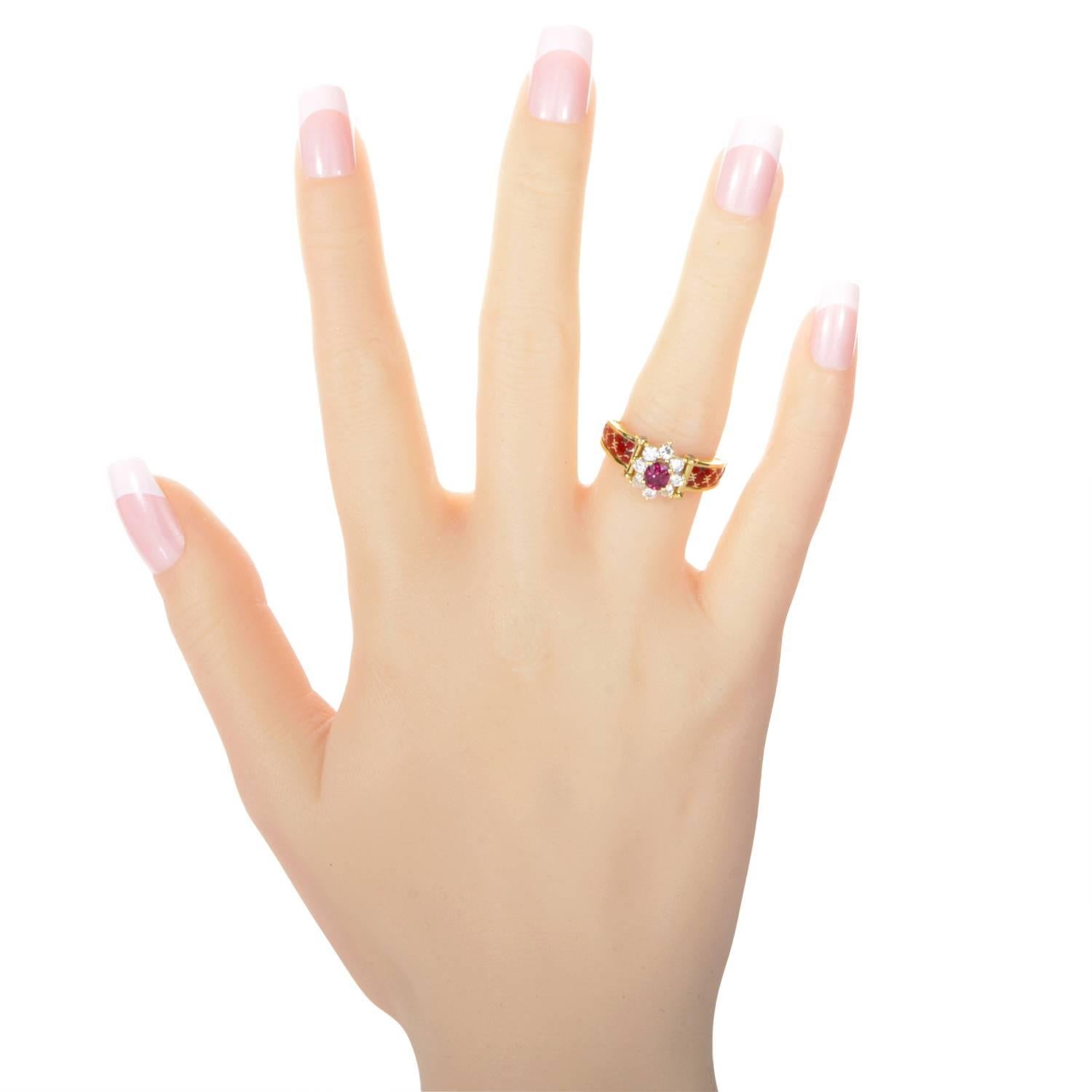 Women's Korloff Enameled Ruby Diamond Gold Flower Motif Ring
