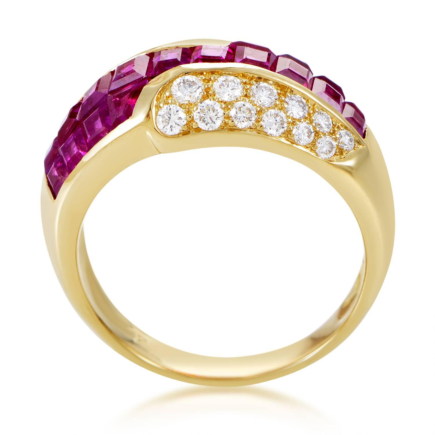 The Mouawad name is synonymous with luxury and opulence, and this ring is a testament to the brand's reputation. Forged from the finest 18K yellow gold, and accented with 2.13ct of invisible-set rubies and .44ct of round diamonds, this ring is