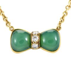 Van Cleef & Arpels Jade Diamond Gold Bow Pendant Necklace