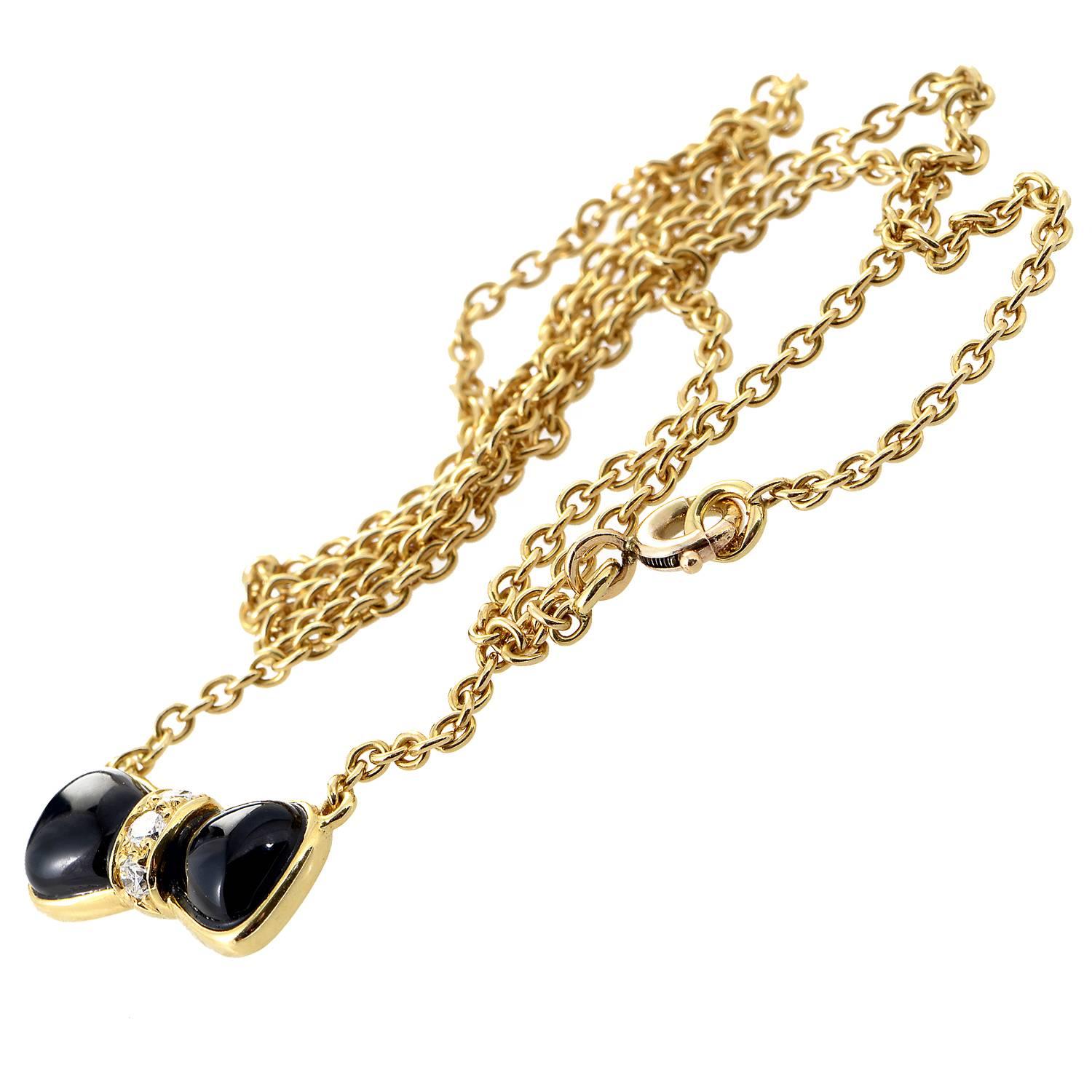 Simple and sweet are the perfect words to describe this pendant necklace from Van Cleef & Arpels. The necklace is made of 18K yellow gold, and features a bow-shaped pendant set with .15ct of diamonds and lustrous black onyx.
Pendant Dimensions: 0.63