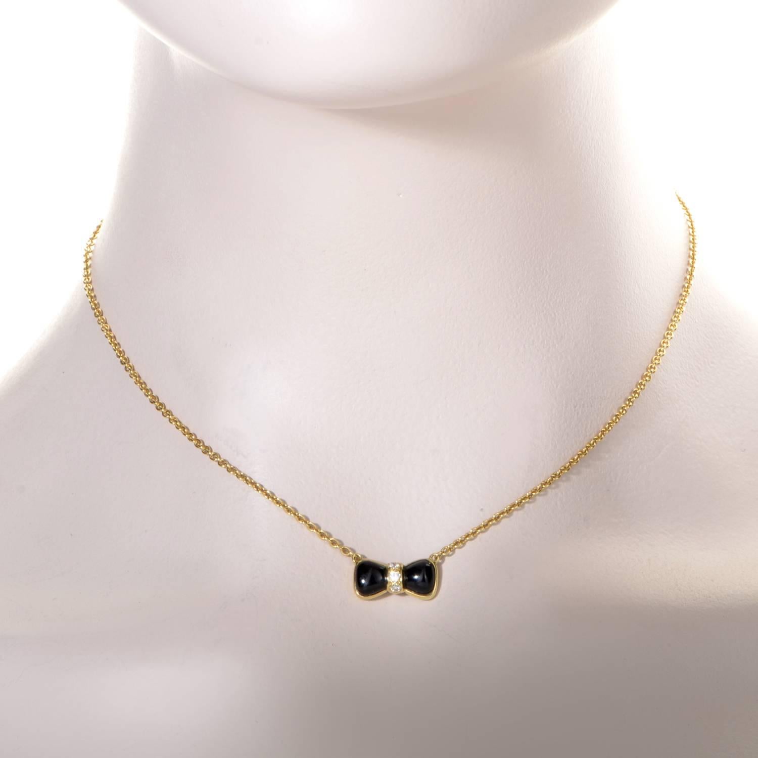 Van Cleef & Arpels Onyx Diamond Gold Bow Pendant Necklace In Excellent Condition In Southampton, PA