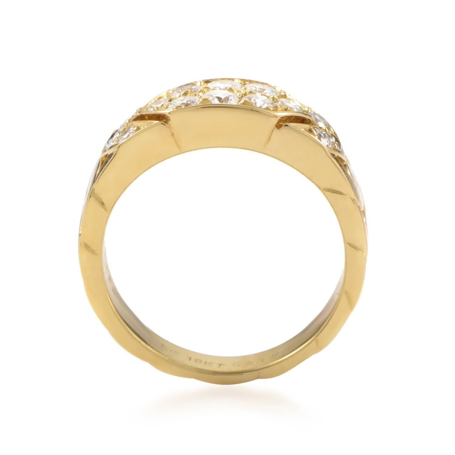 Simple and sweet are the perfect words for this band ring from Van Cleef & Arpels. The ring is made of 18K yellow gold and is paved with .60ct of diamonds.
Ring Top Dimensions: 18 x 6mm
Band Thickness: 4 mm
Ring Top Height: 3 mm
Ring Size: 5.0