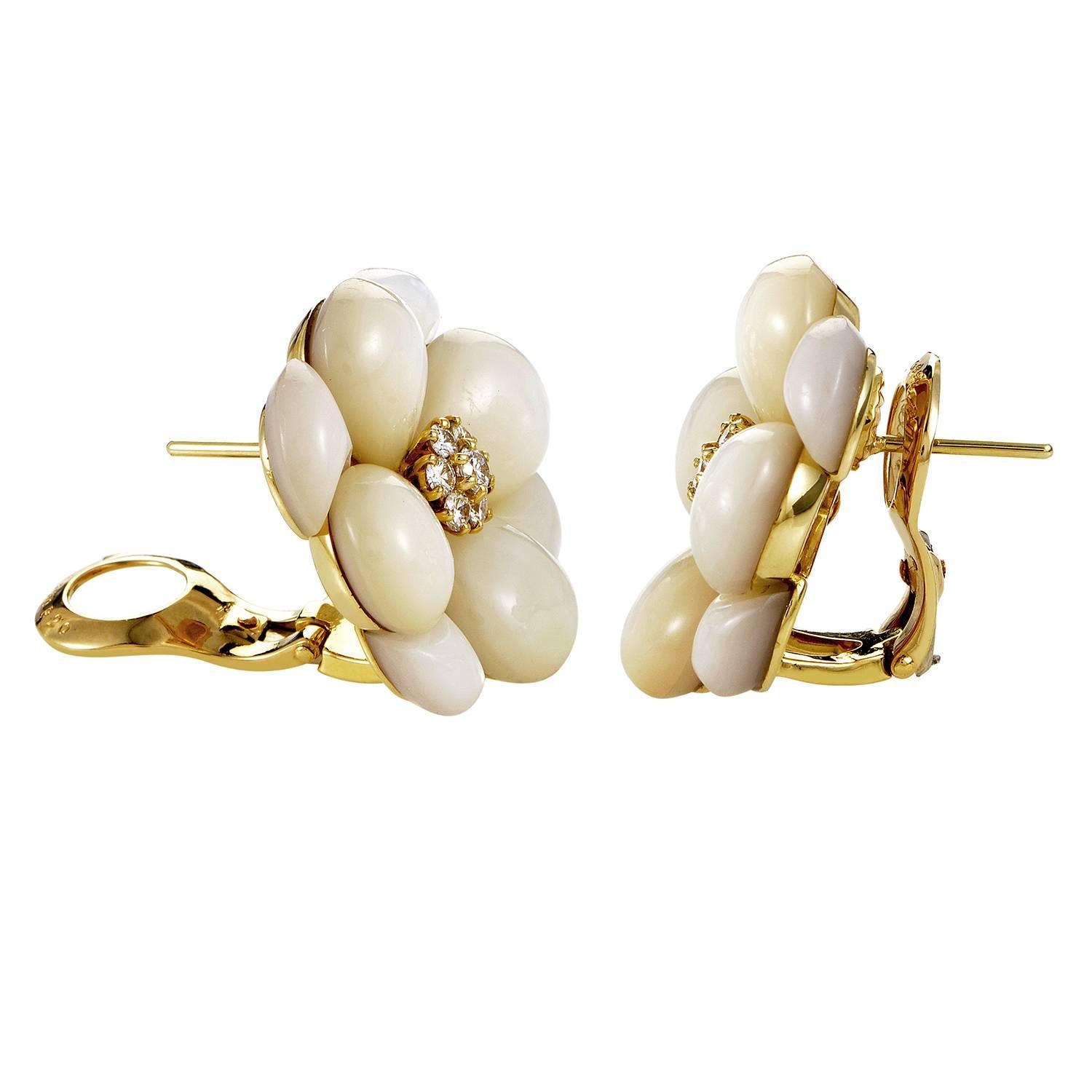 Van Cleef & Arpels utilizes the motif of blooming flowers in many of their gorgeous designs. This decadent pair of earrings from the French jeweler are made of 18K yellow gold and boasts exquisite, white mother of pearl petals. Lastly, .50ct of