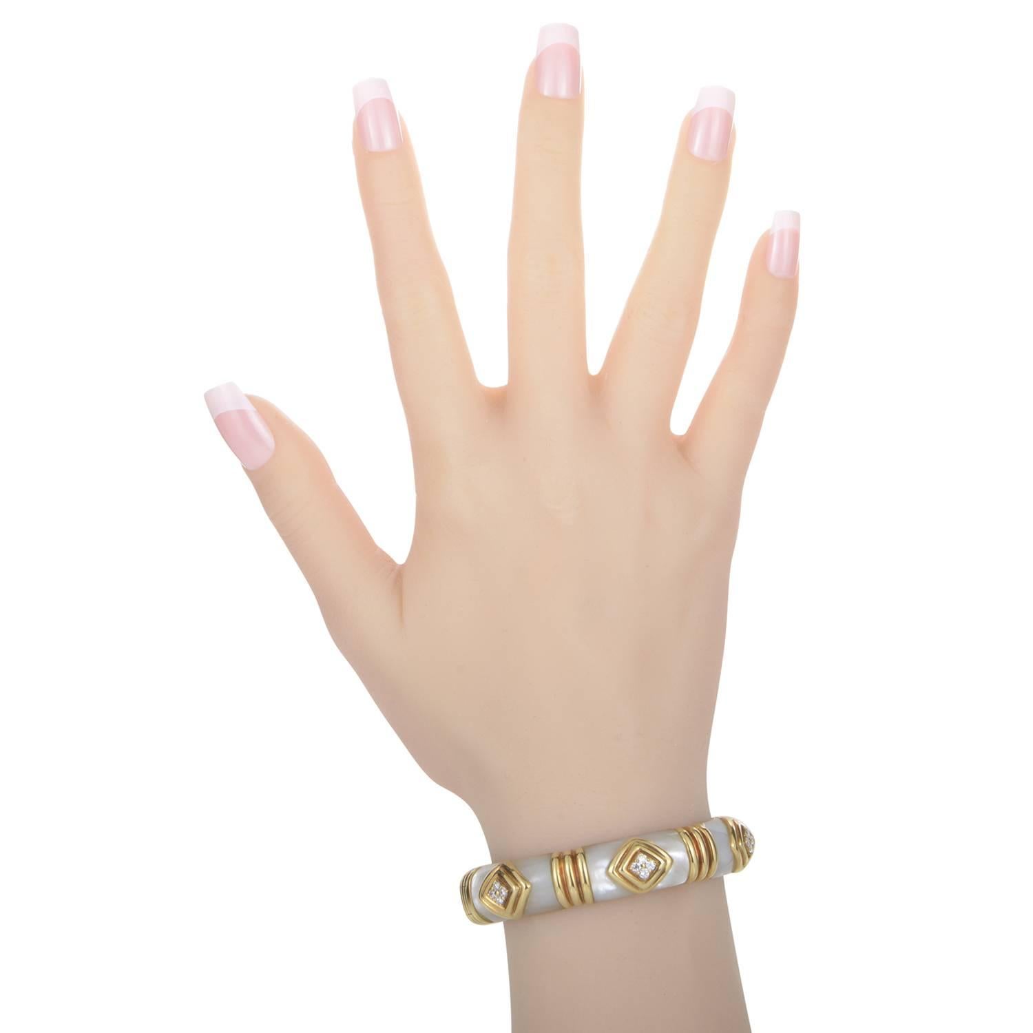 Van Cleef & Arpels Mother of Pearl Diamond Gold Bangle Bracelet In Excellent Condition In Southampton, PA