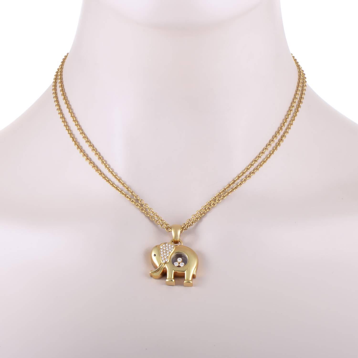 With the instantly recognizable feature of three engaging wandering diamonds and the ever-charming form of an elephant as the pendant, this fantastic necklace from Chopard is made of gleaming 18k yellow gold and embellished with a total of 0.35ct of