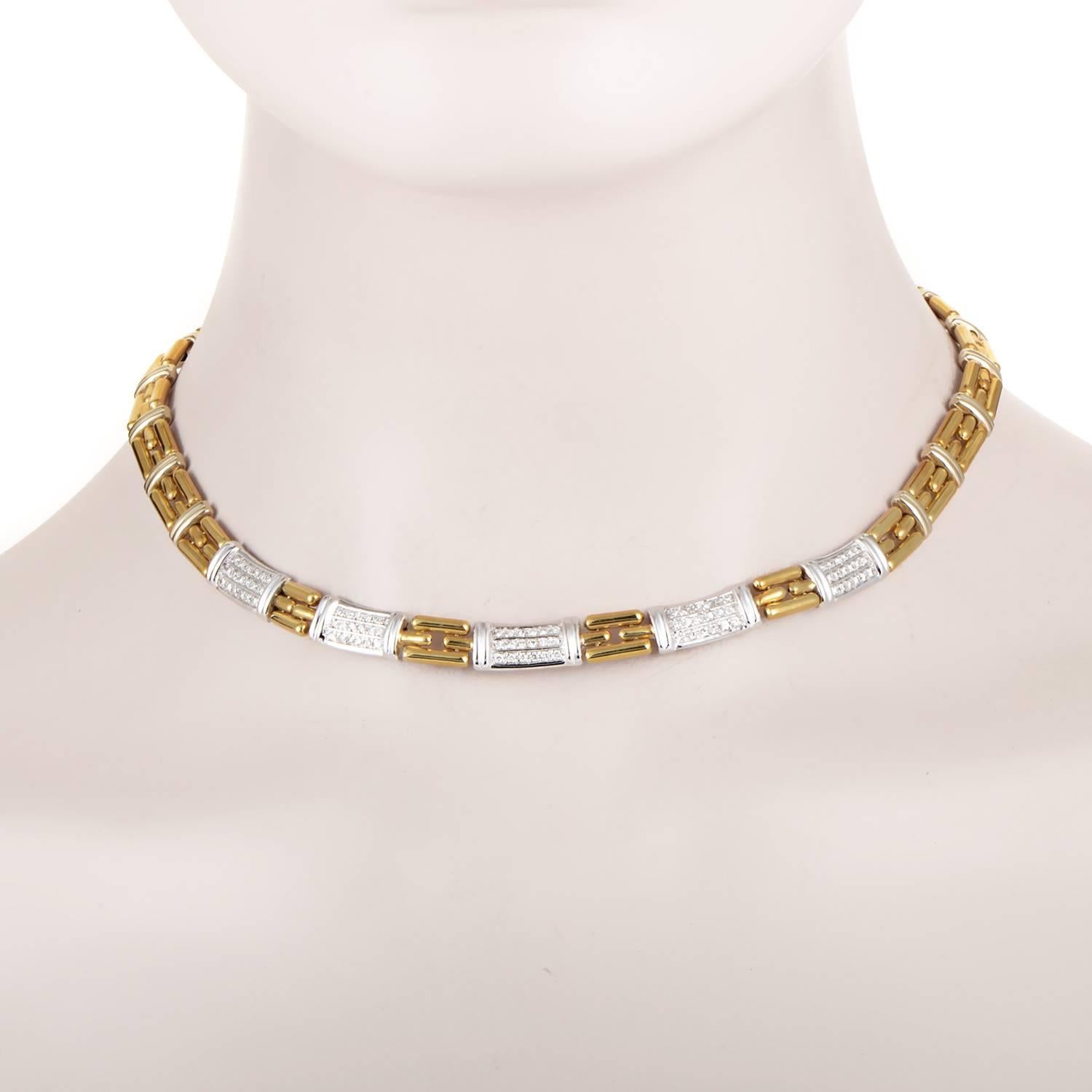 The intriguing structure and graceful interplay of radiant 18K yellow gold links create a mesmerizing visual effect in this gorgeous necklace from Chimento, while the shimmering 18K white gold is embellished with lustrous diamonds totaling