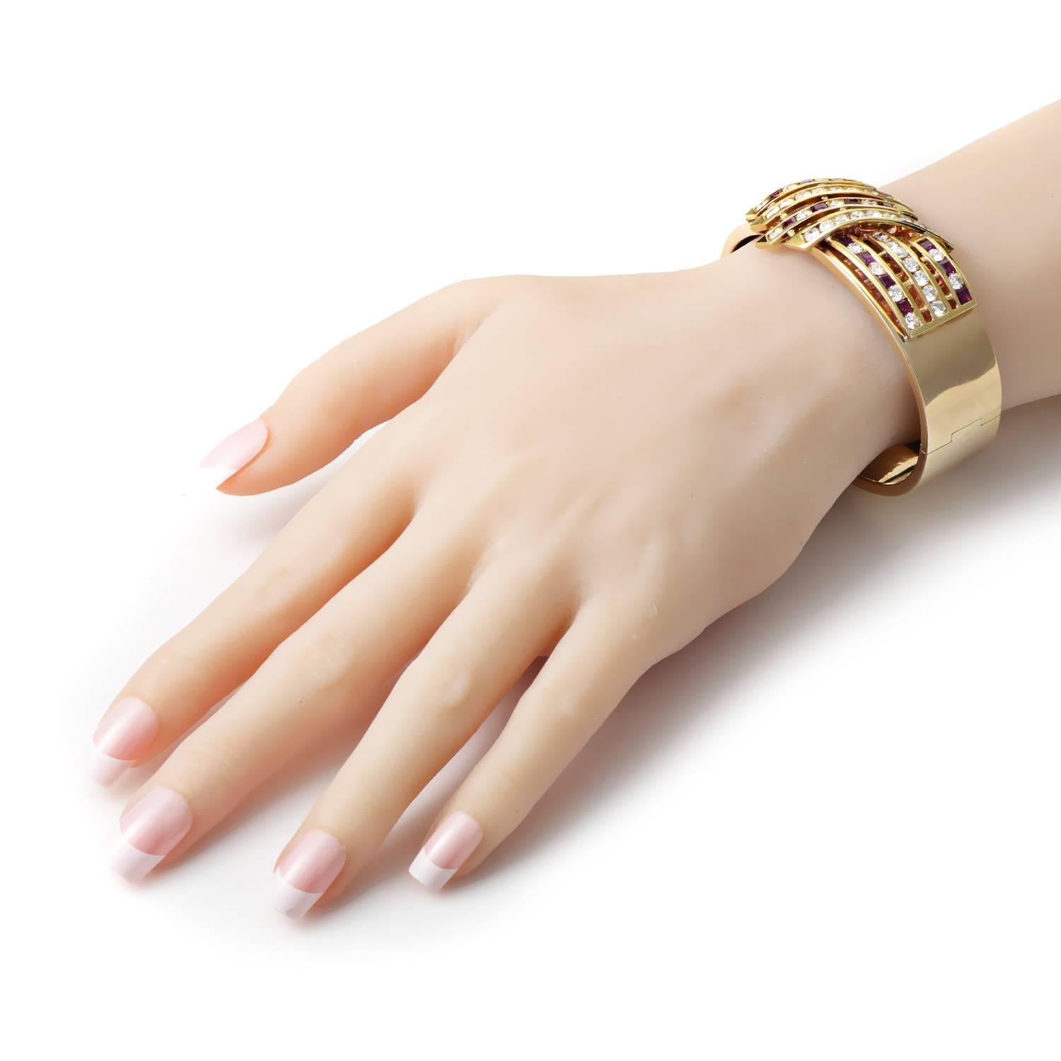 Women's Diamond and Ruby Yellow Gold Bangle Bracelet