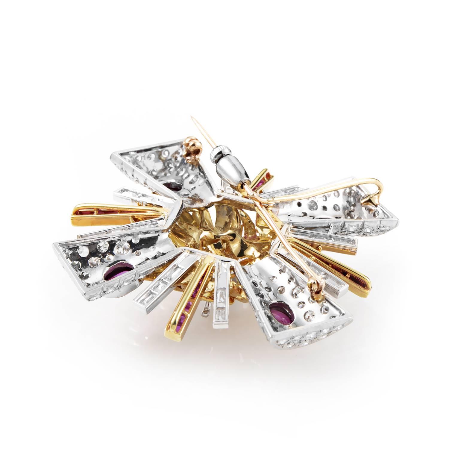 Erwin Pearl Precious Gemstone Gold Platinum Mounting Brooch In Fair Condition In Southampton, PA