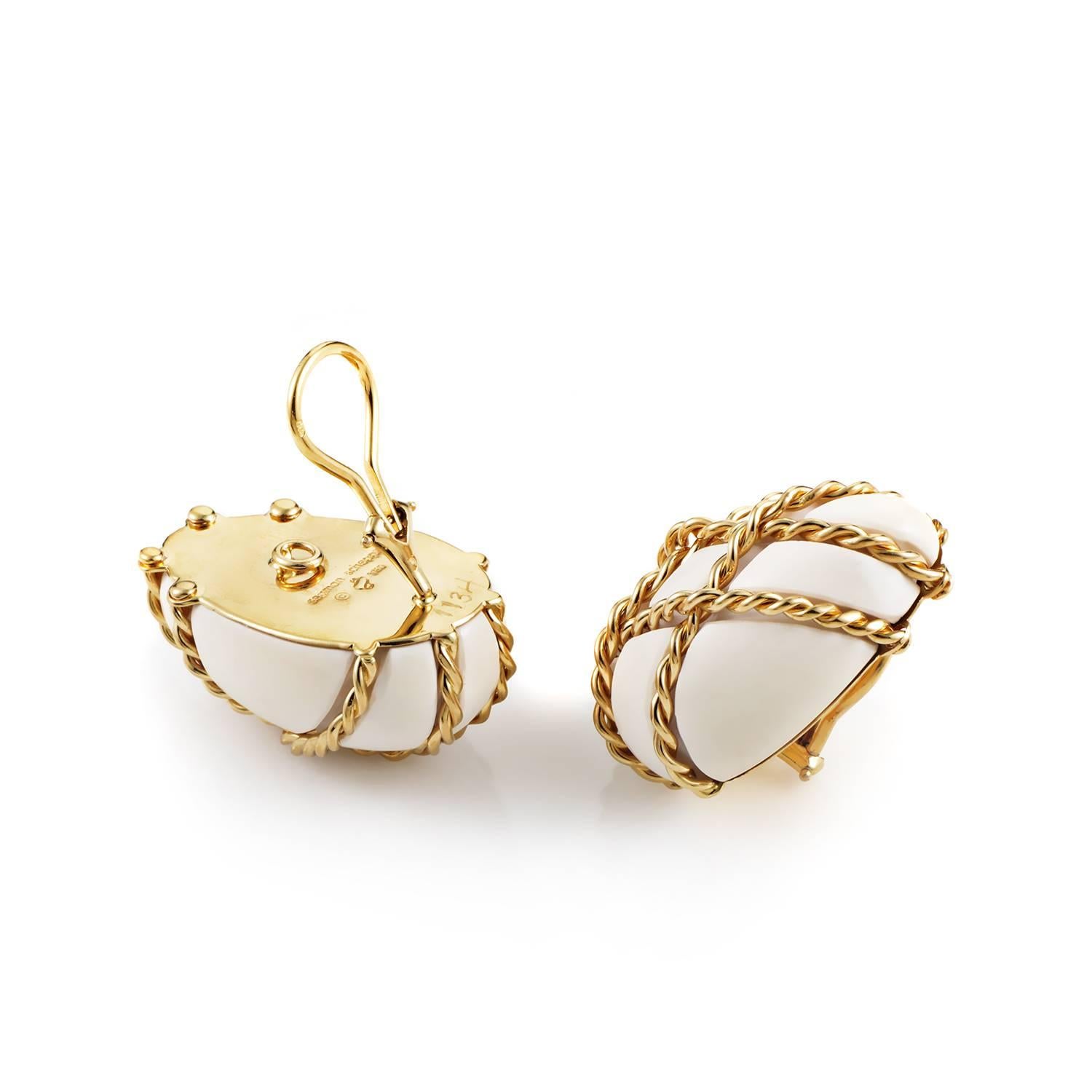 Held in firm embrace by the radiant 18K yellow gold with an amazingly intricate rope texture, the splendid white coral stones ensure excellent balance and astounding appeal in these brilliantly designed earrings from Seaman Schepps.