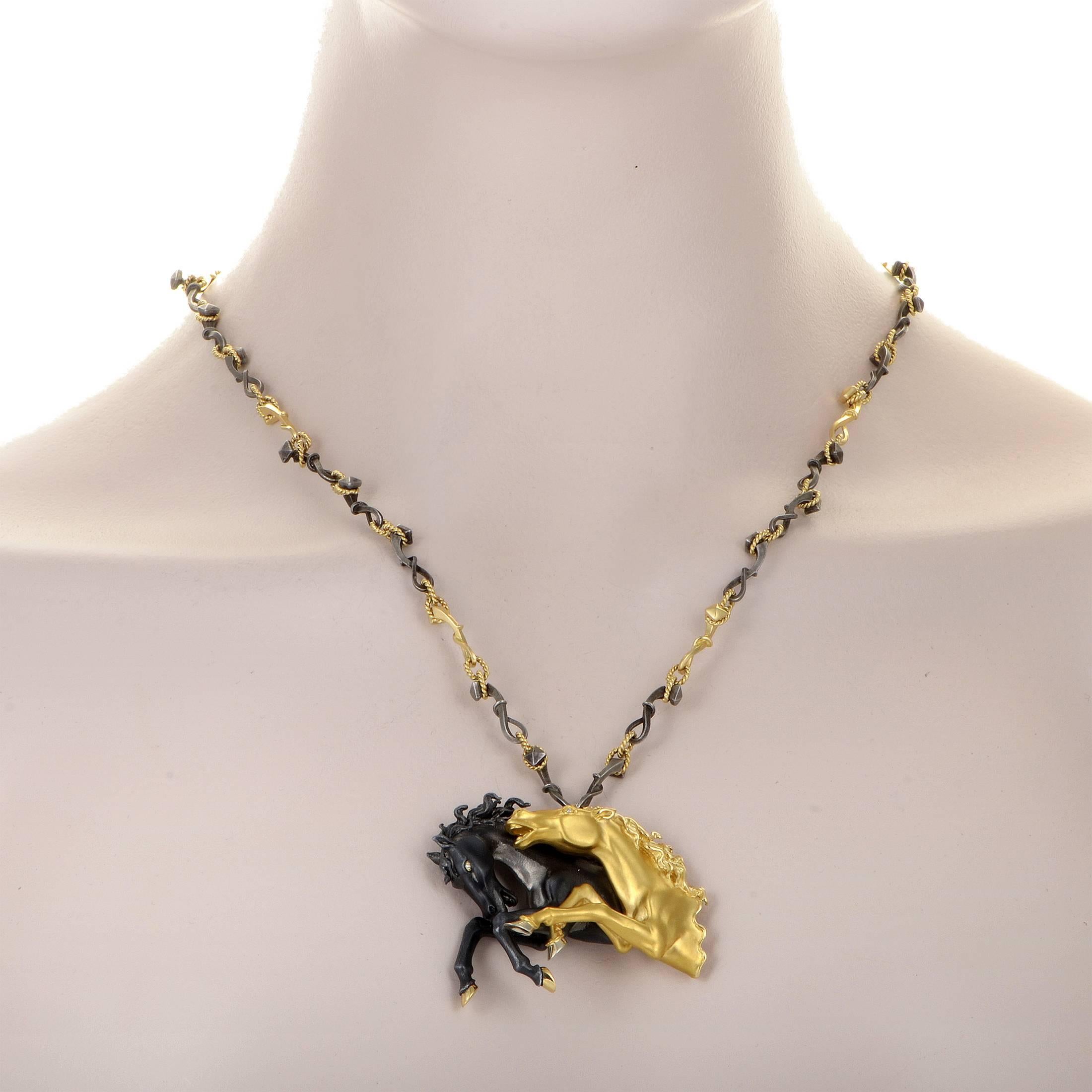 Brilliantly capturing the majestic beauty of horses in a design that astonishes with its exquisitely realistic nature, Carrera y Carrera present this amazing necklace which employs the fantastic contrast between exuberant 18K yellow gold and black